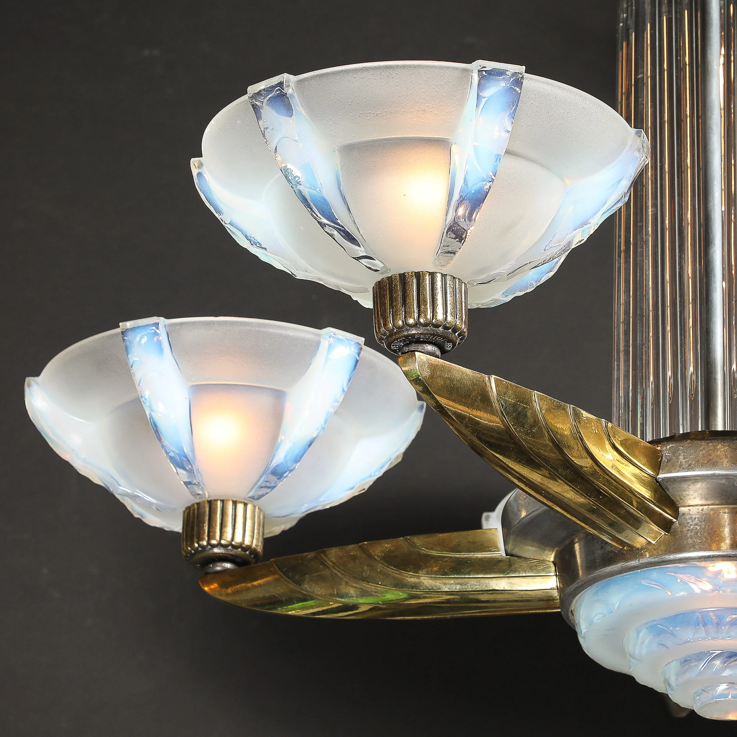 Art Deco Brass Petitot Chandelier w/ Glass Rods & Opalescent Glass Shades — image 3