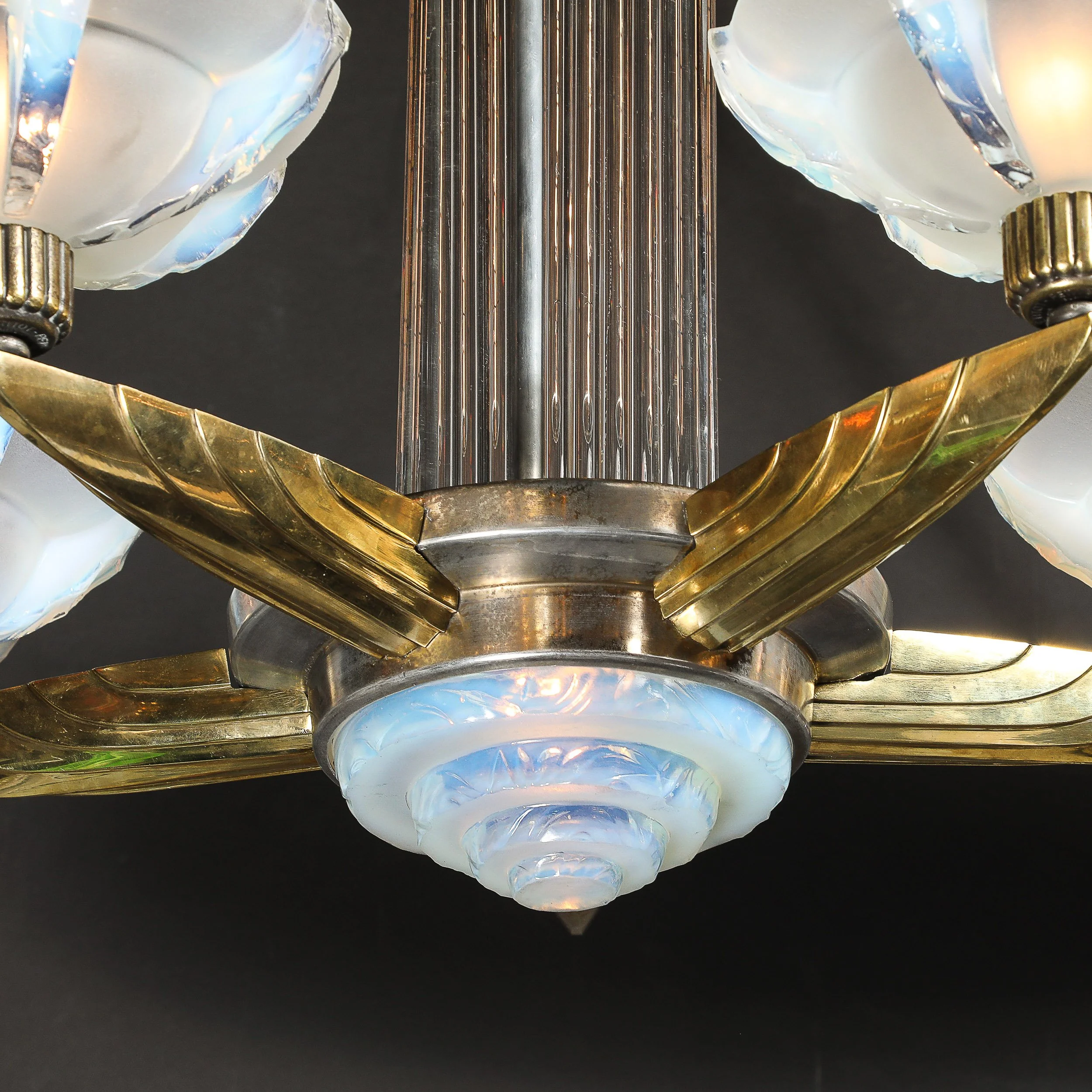 Art Deco Brass Petitot Chandelier w/ Glass Rods & Opalescent Glass Shades — image 4