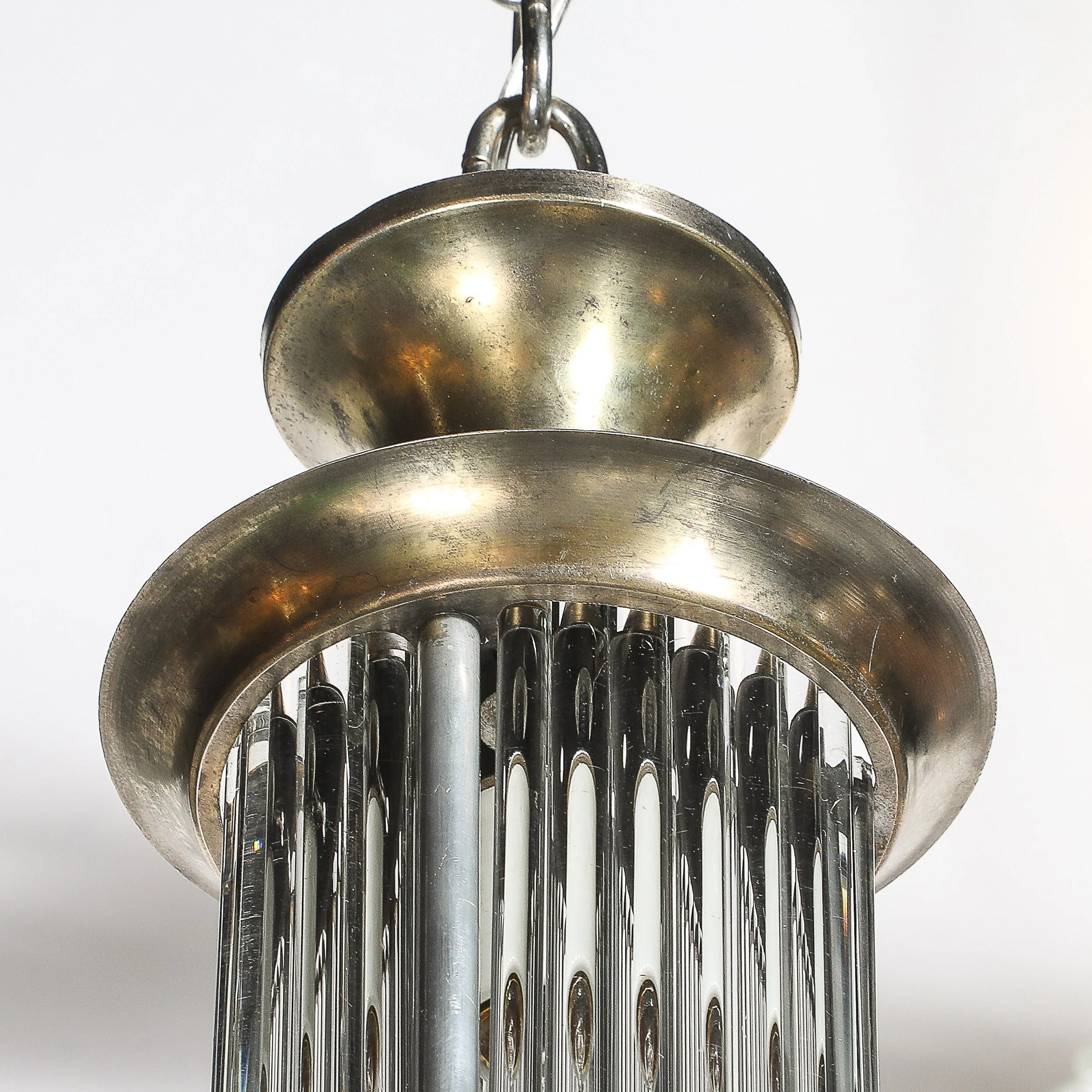 Art Deco Brass Petitot Chandelier w/ Glass Rods & Opalescent Glass Shades — image 5