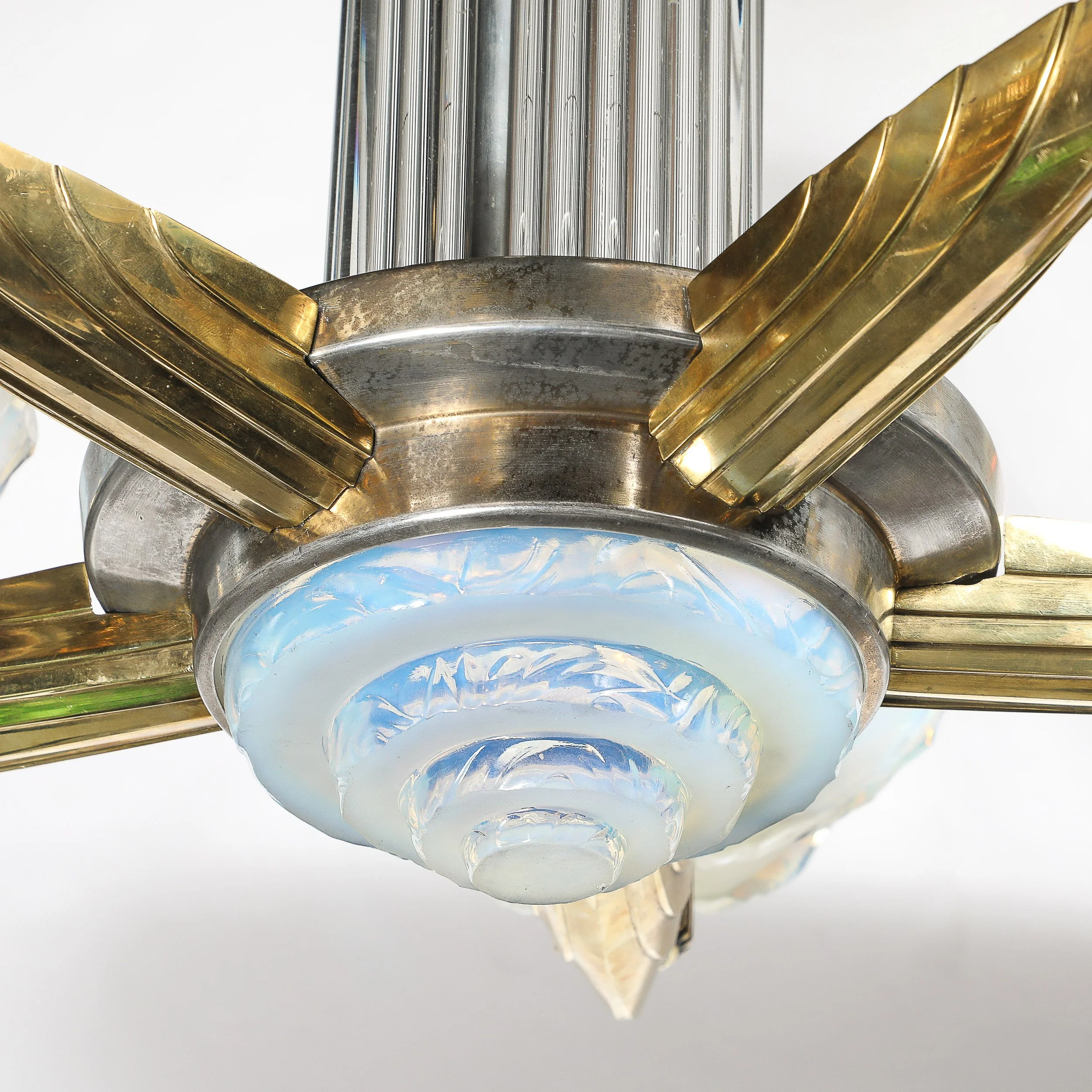 Art Deco Brass Petitot Chandelier w/ Glass Rods & Opalescent Glass Shades — image 6