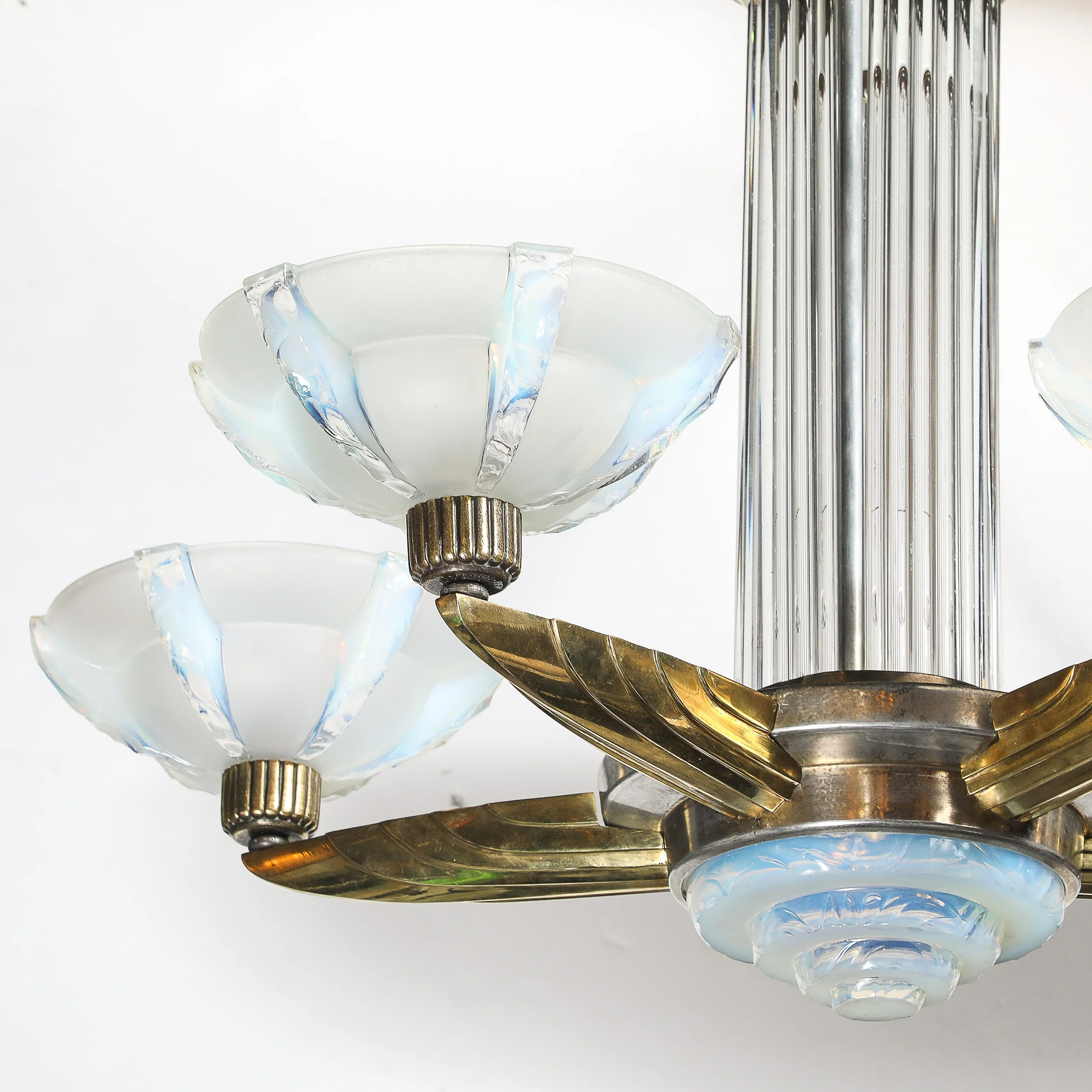 Art Deco Brass Petitot Chandelier w/ Glass Rods & Opalescent Glass Shades — image 7
