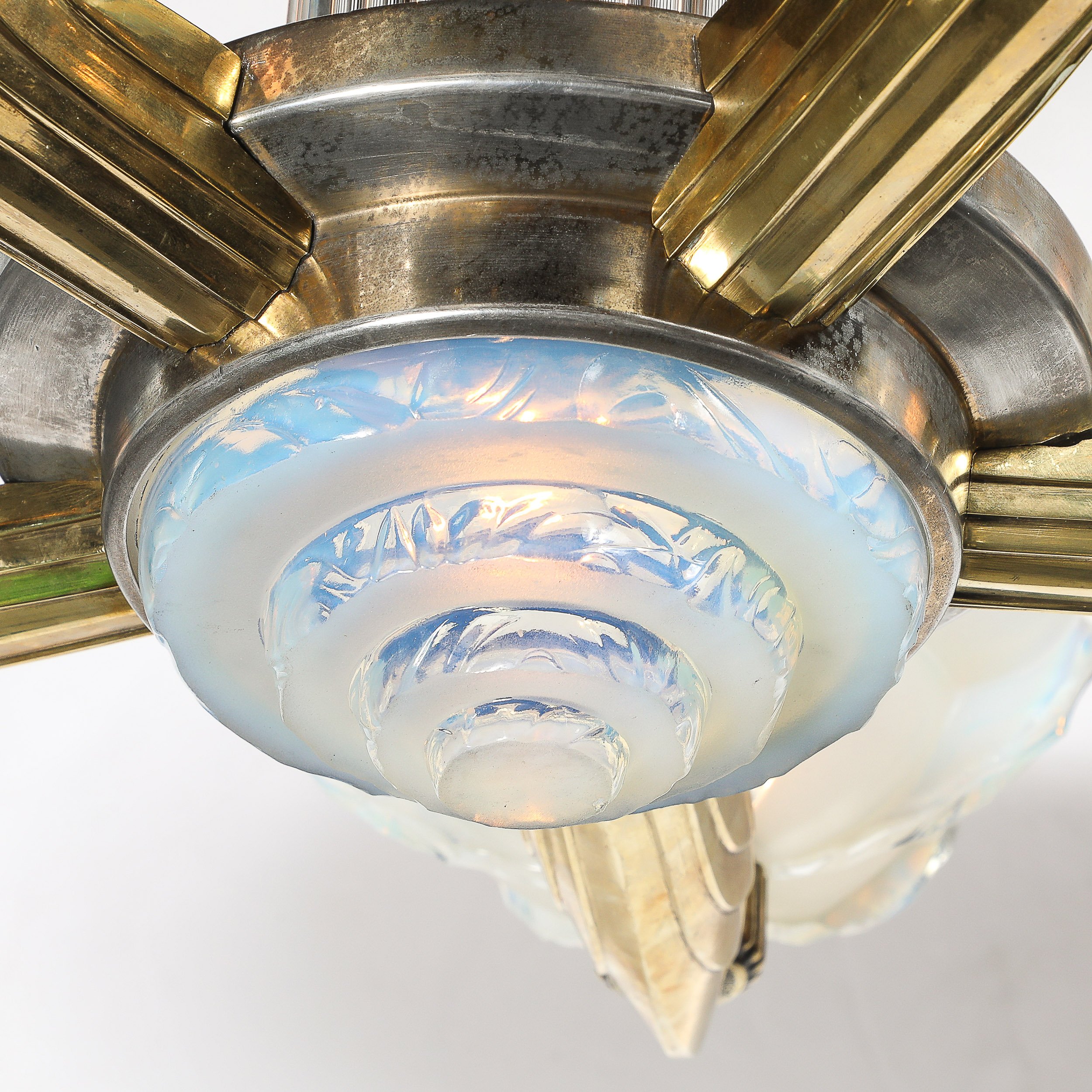 Art Deco Brass Petitot Chandelier w/ Glass Rods & Opalescent Glass Shades — image 8