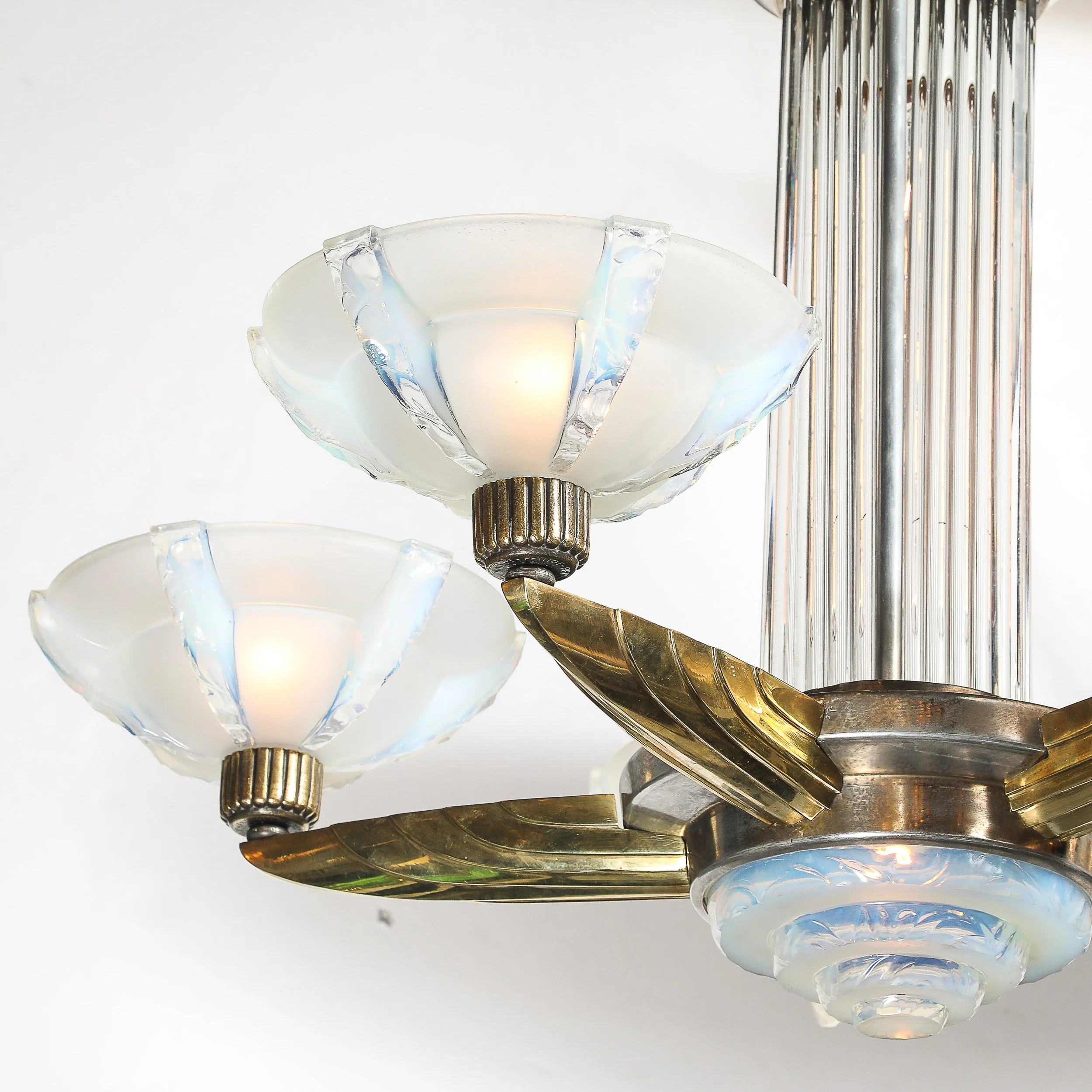 Art Deco Brass Petitot Chandelier w/ Glass Rods & Opalescent Glass Shades — image 9