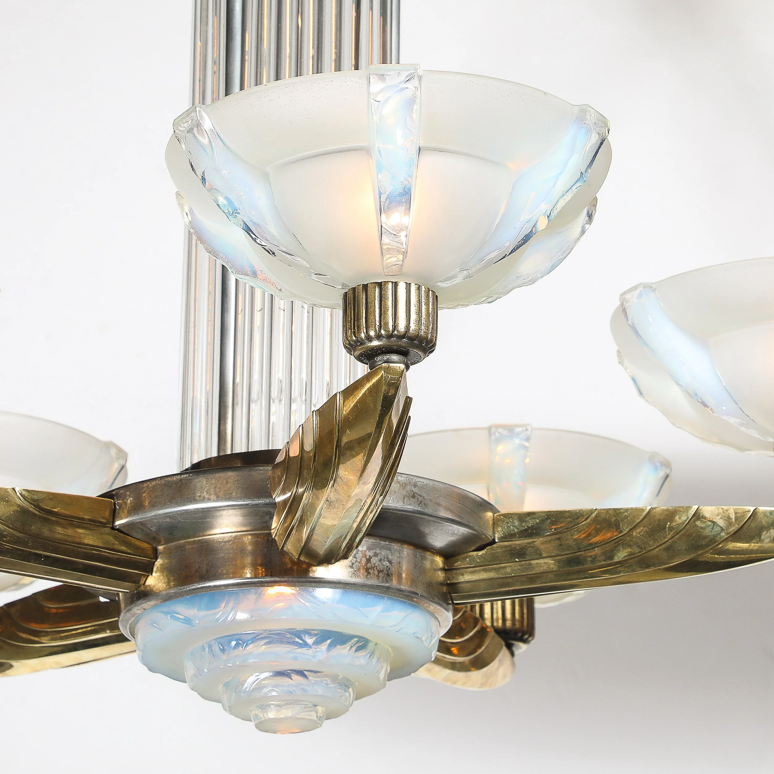 Art Deco Brass Petitot Chandelier w/ Glass Rods & Opalescent Glass Shades — image 10