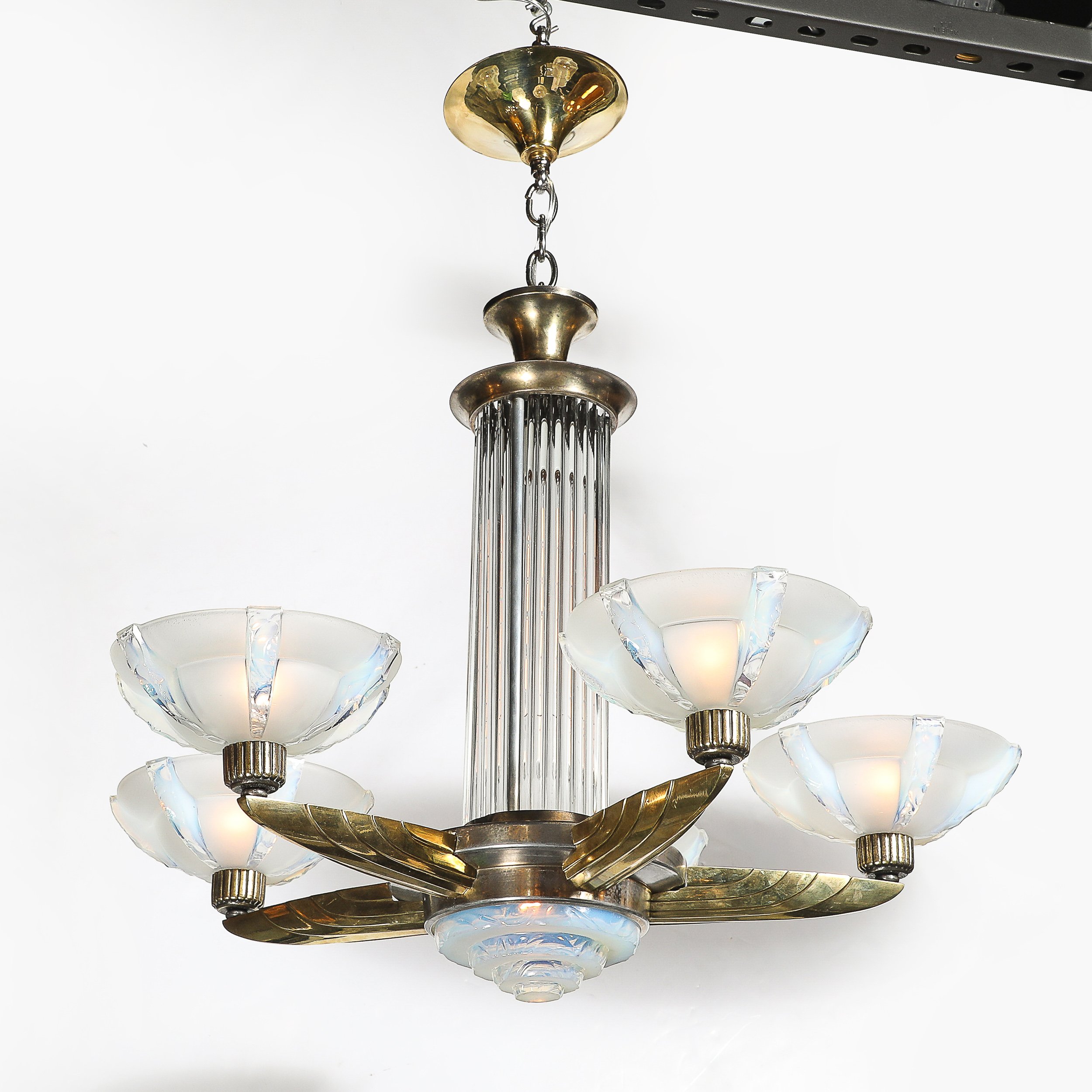 Art Deco Brass Petitot Chandelier w/ Glass Rods & Opalescent Glass Shades — image 11
