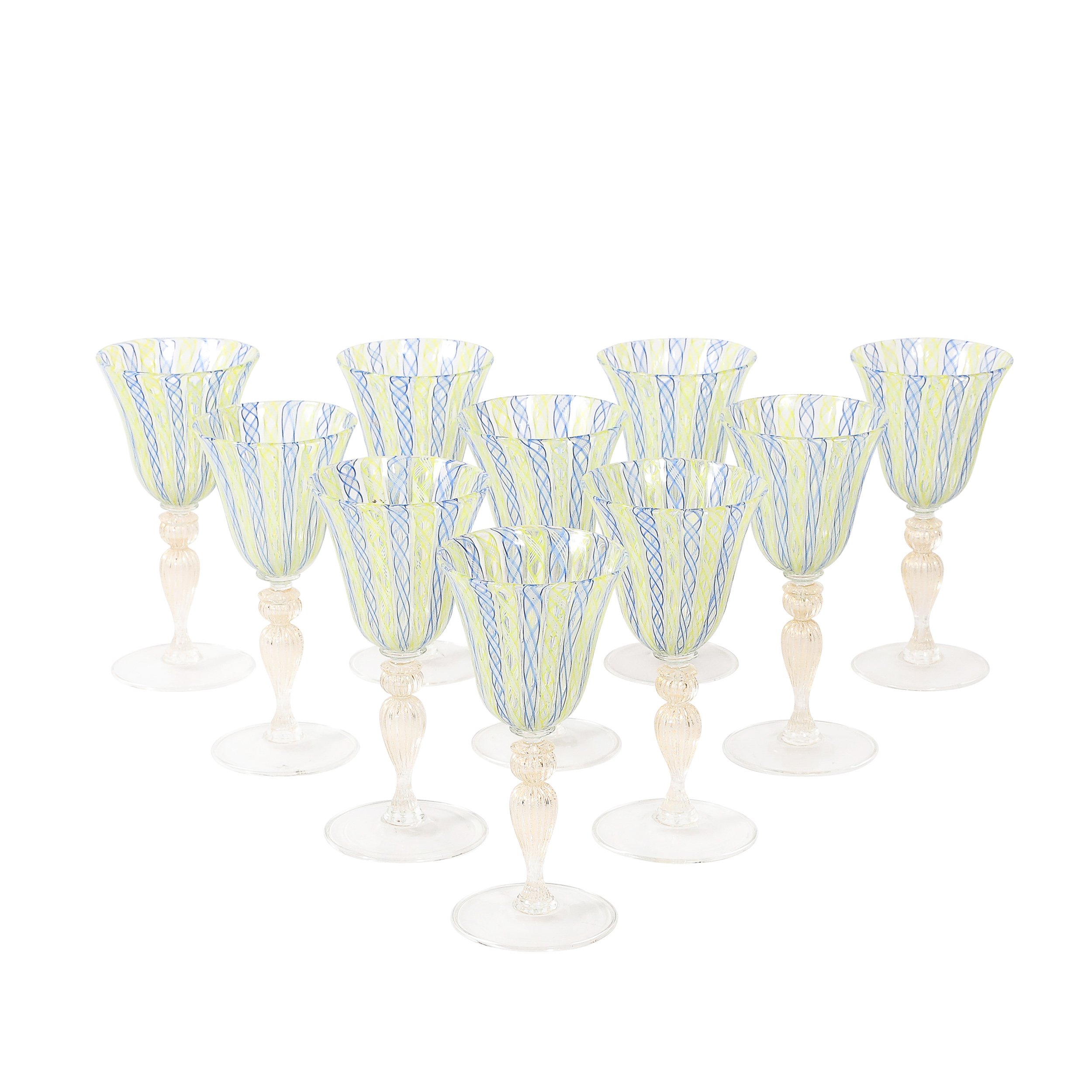 Set of 8 Hand-Blown Murano Latticino Blue & Chartreuse Wine Glasses W/ 24K Gold — image 1