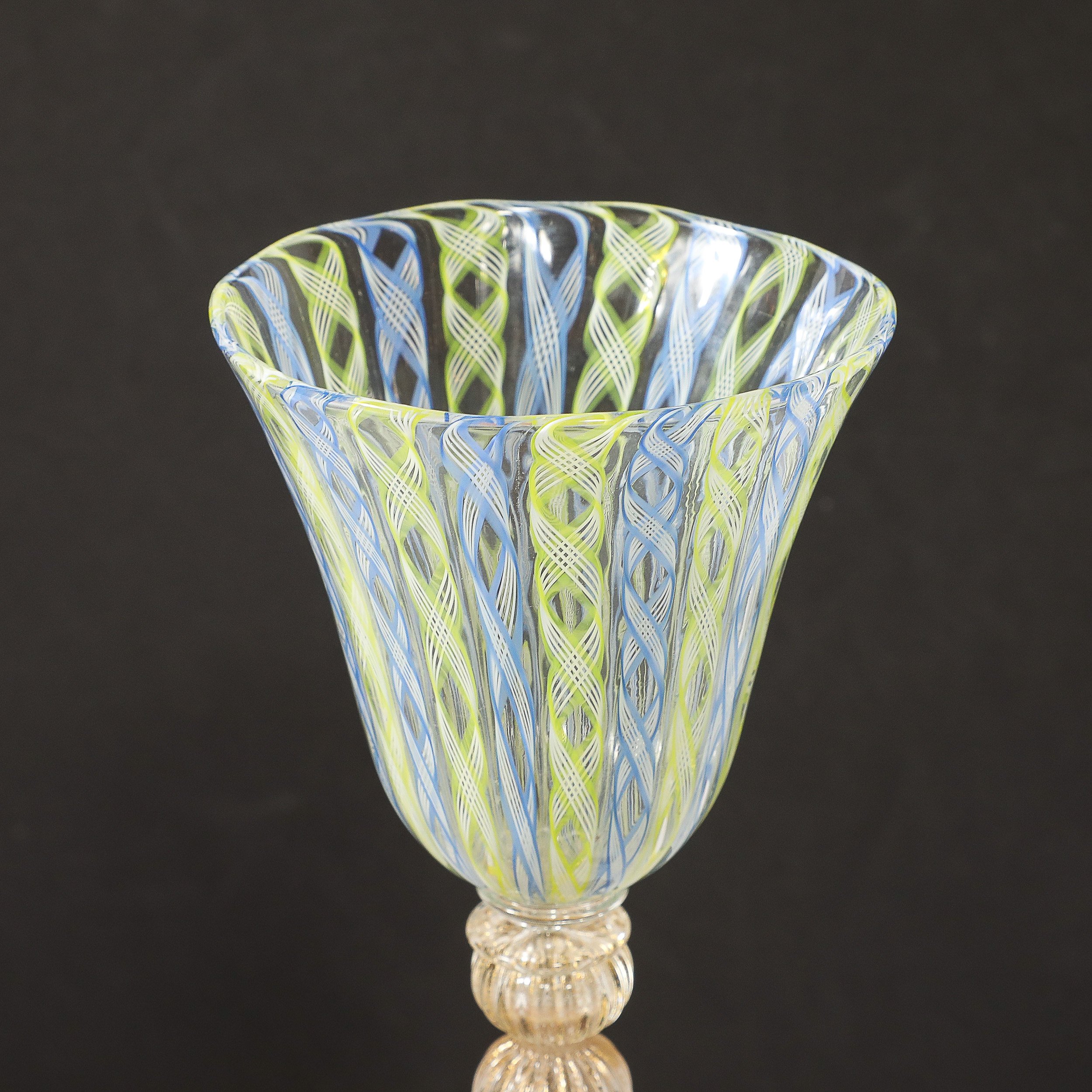 Set of 8 Hand-Blown Murano Latticino Blue & Chartreuse Wine Glasses W/ 24K Gold — image 3