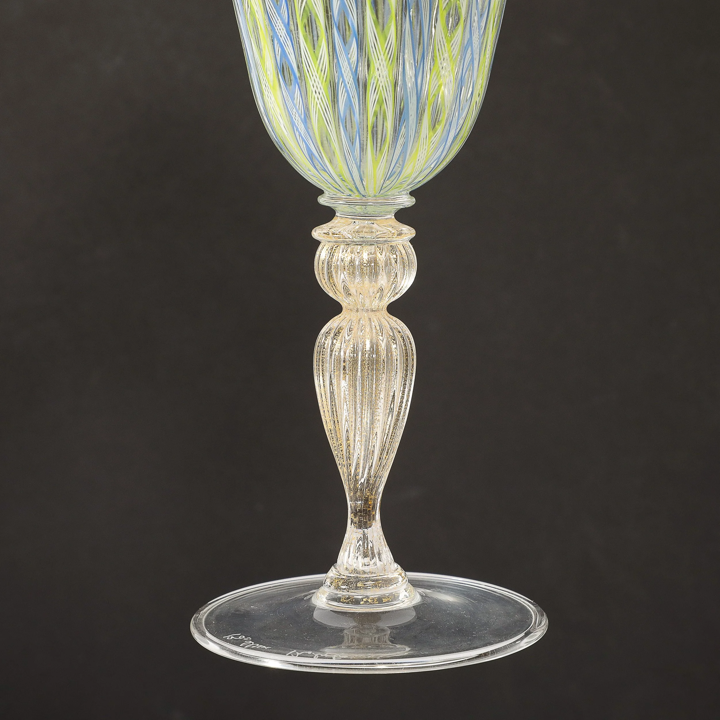 Set of 8 Hand-Blown Murano Latticino Blue & Chartreuse Wine Glasses W/ 24K Gold — image 4
