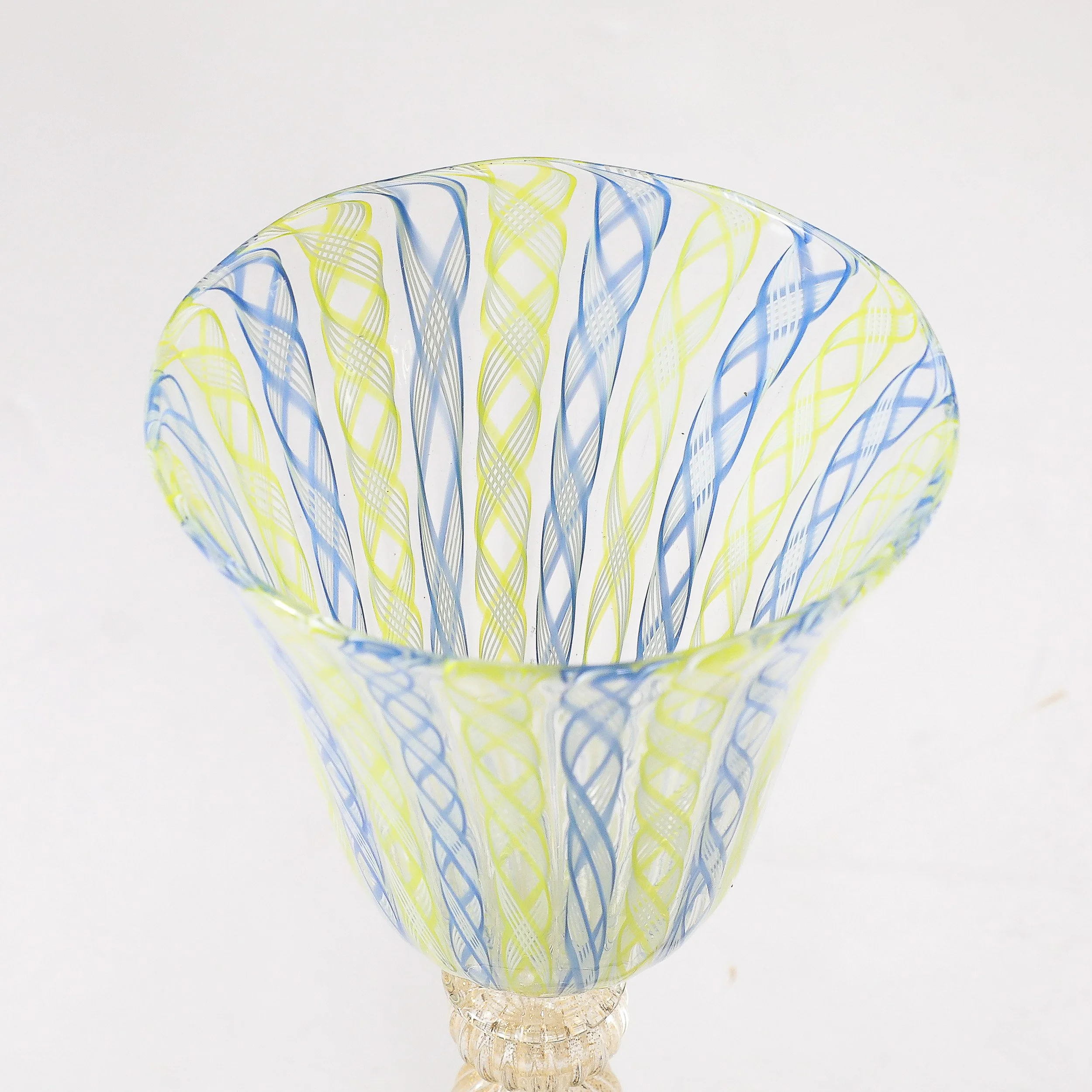 Set of 8 Hand-Blown Murano Latticino Blue & Chartreuse Wine Glasses W/ 24K Gold — image 5