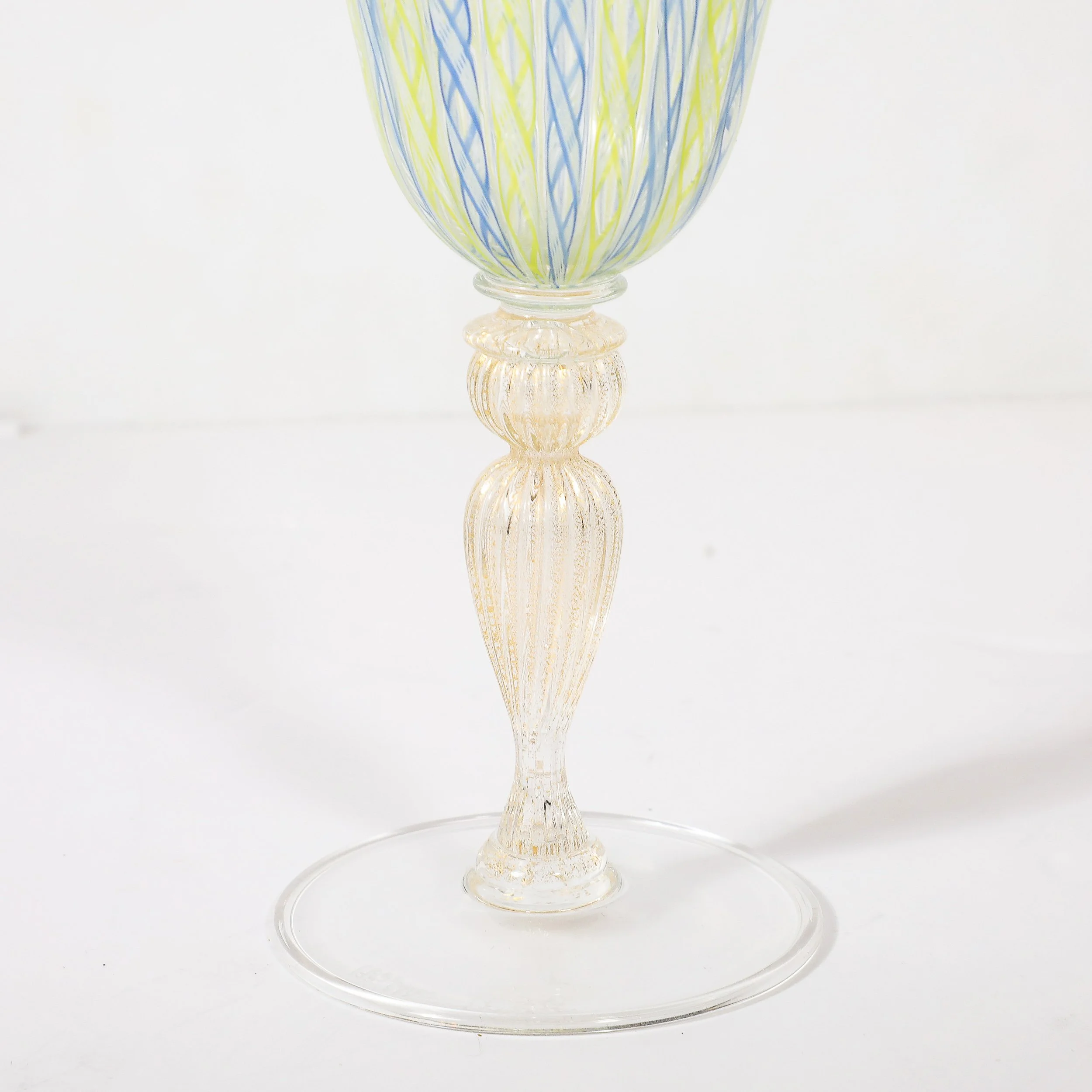 Set of 8 Hand-Blown Murano Latticino Blue & Chartreuse Wine Glasses W/ 24K Gold — image 6