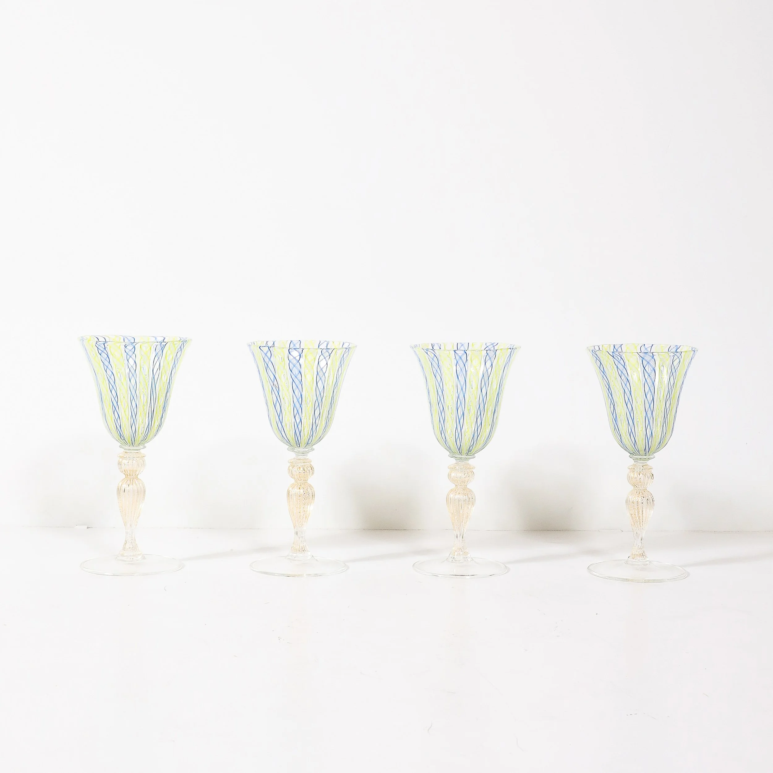 Set of 8 Hand-Blown Murano Latticino Blue & Chartreuse Wine Glasses W/ 24K Gold — image 7