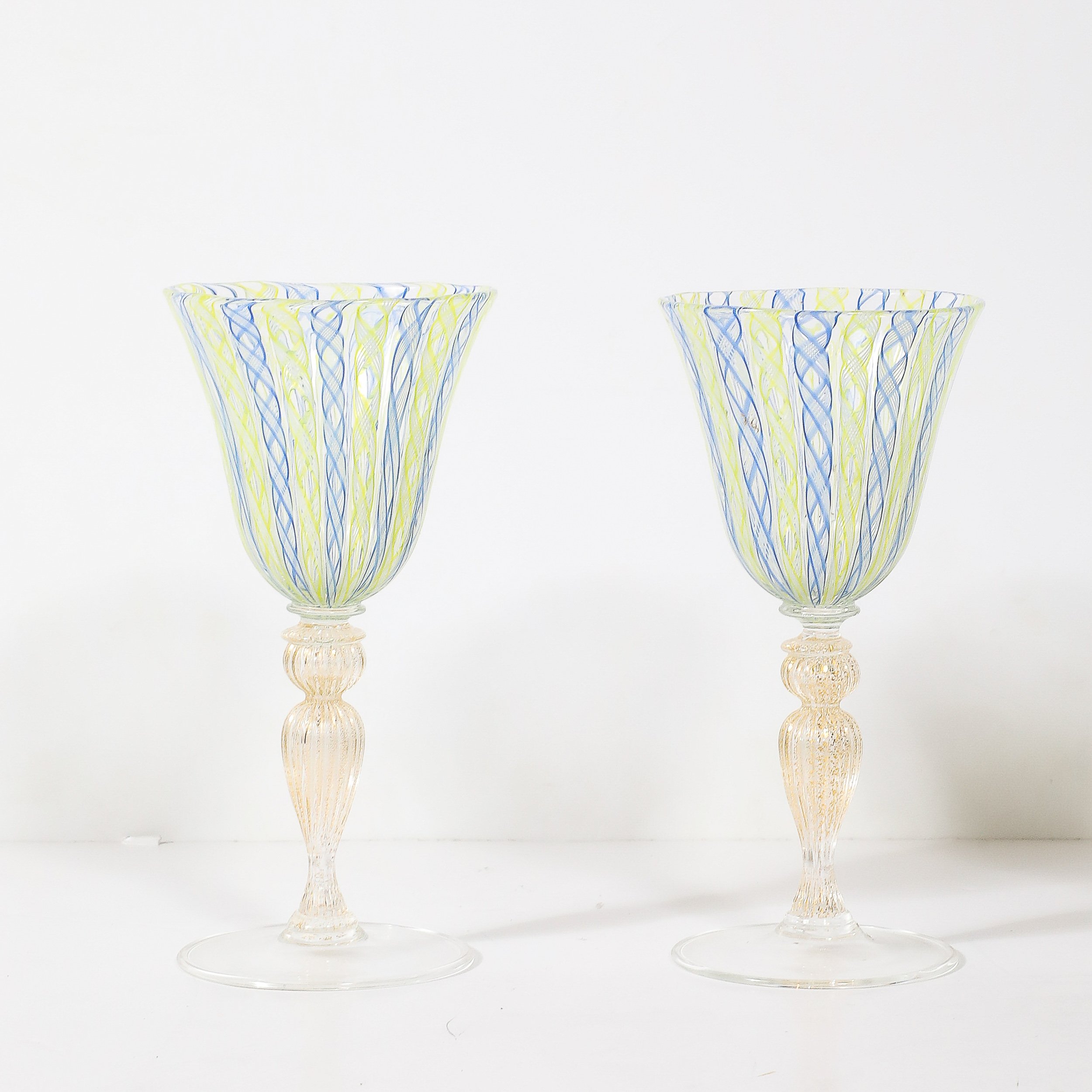 Set of 8 Hand-Blown Murano Latticino Blue & Chartreuse Wine Glasses W/ 24K Gold — image 8