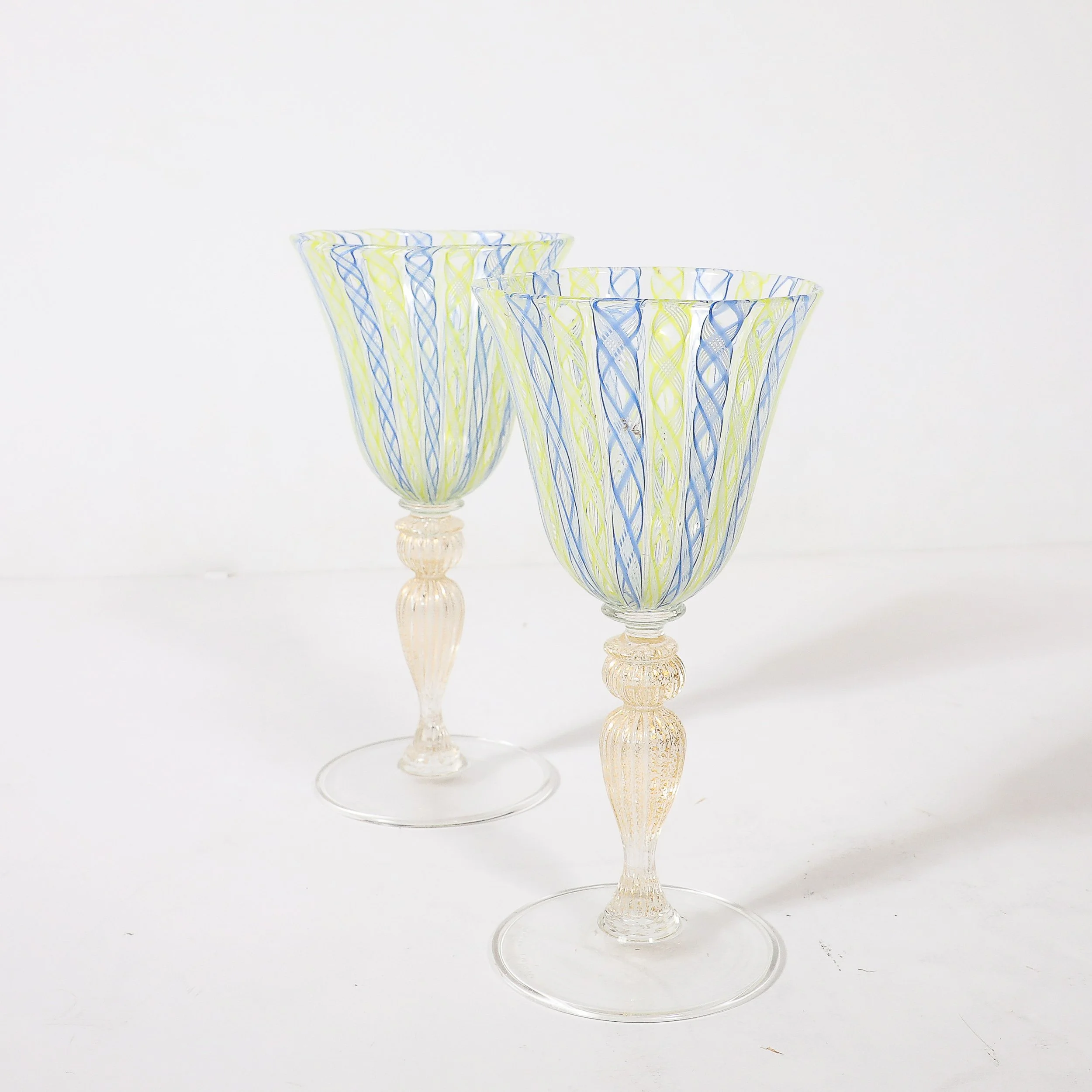 Set of 8 Hand-Blown Murano Latticino Blue & Chartreuse Wine Glasses W/ 24K Gold — image 9