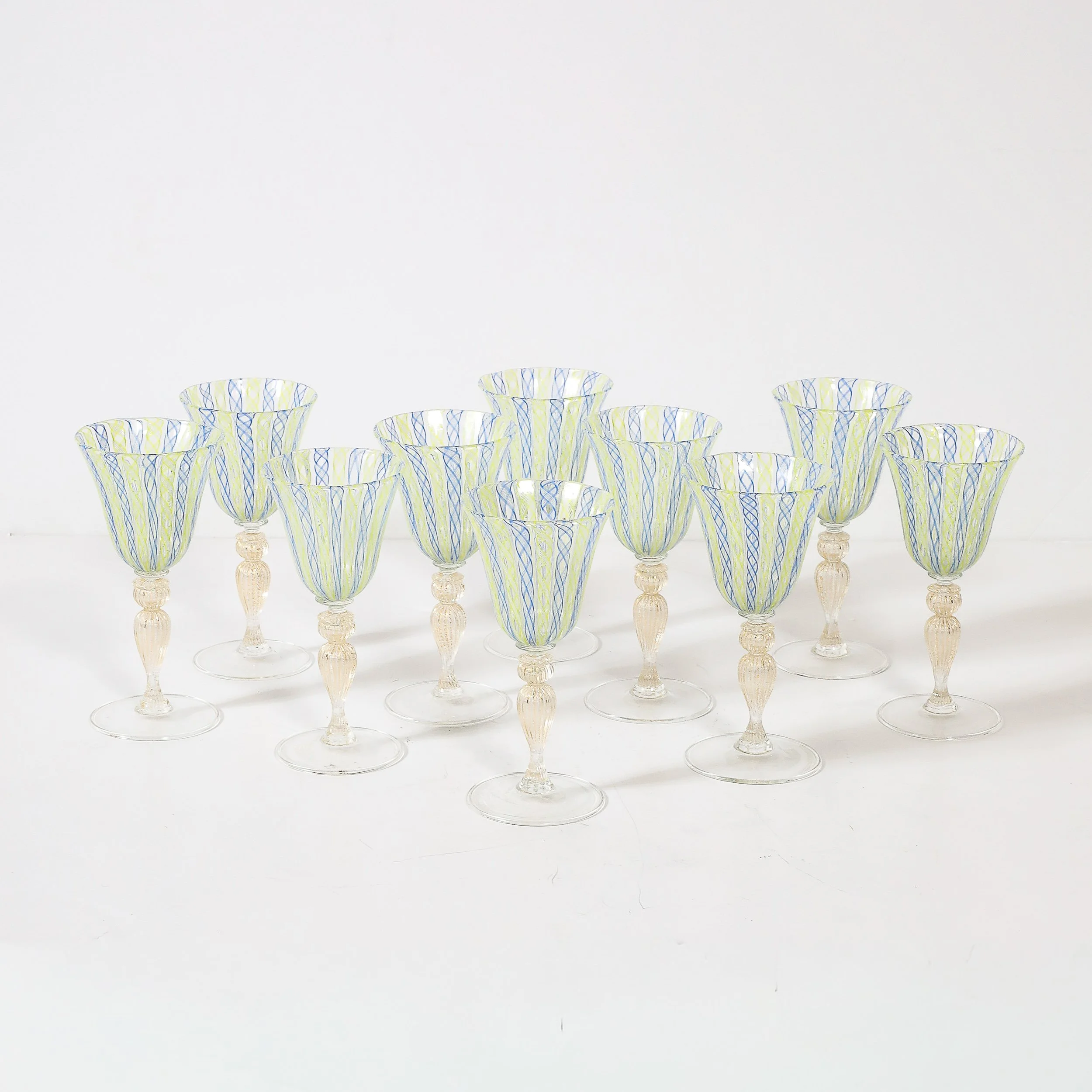 Set of 8 Hand-Blown Murano Latticino Blue & Chartreuse Wine Glasses W/ 24K Gold — image 10