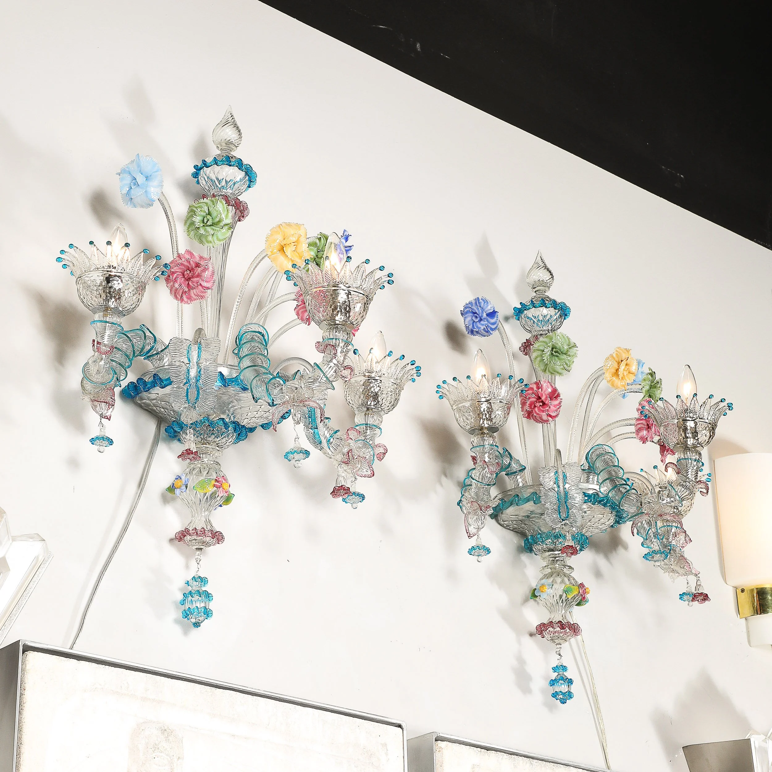 Pair of Mid-Century Hand-Blown Murano 3-Arm Classical Wall Sconces — image 14