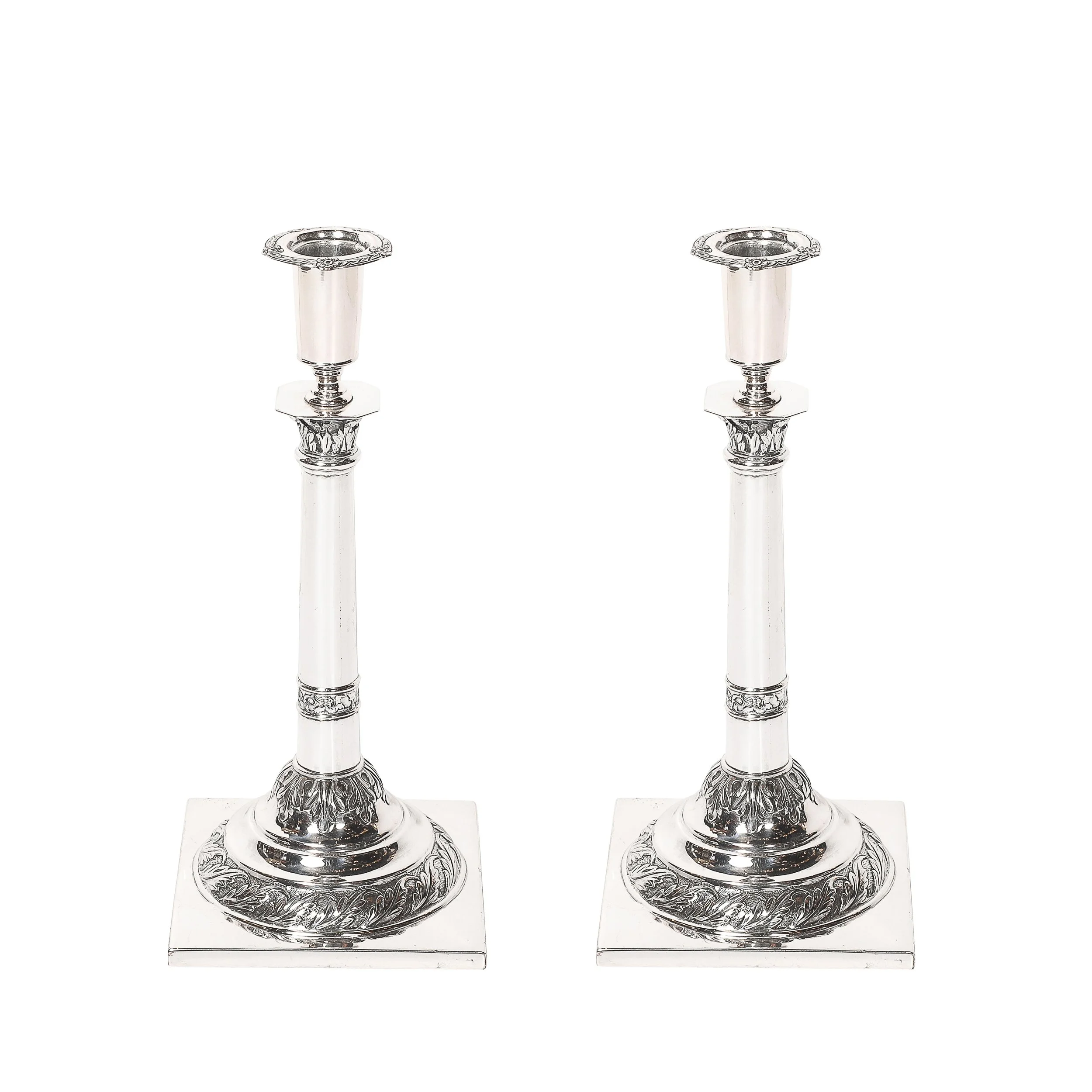 Pair of Silver Corinthian Column & Acanthus Sabbath Candlesticks by Ludwig Nast — image 1