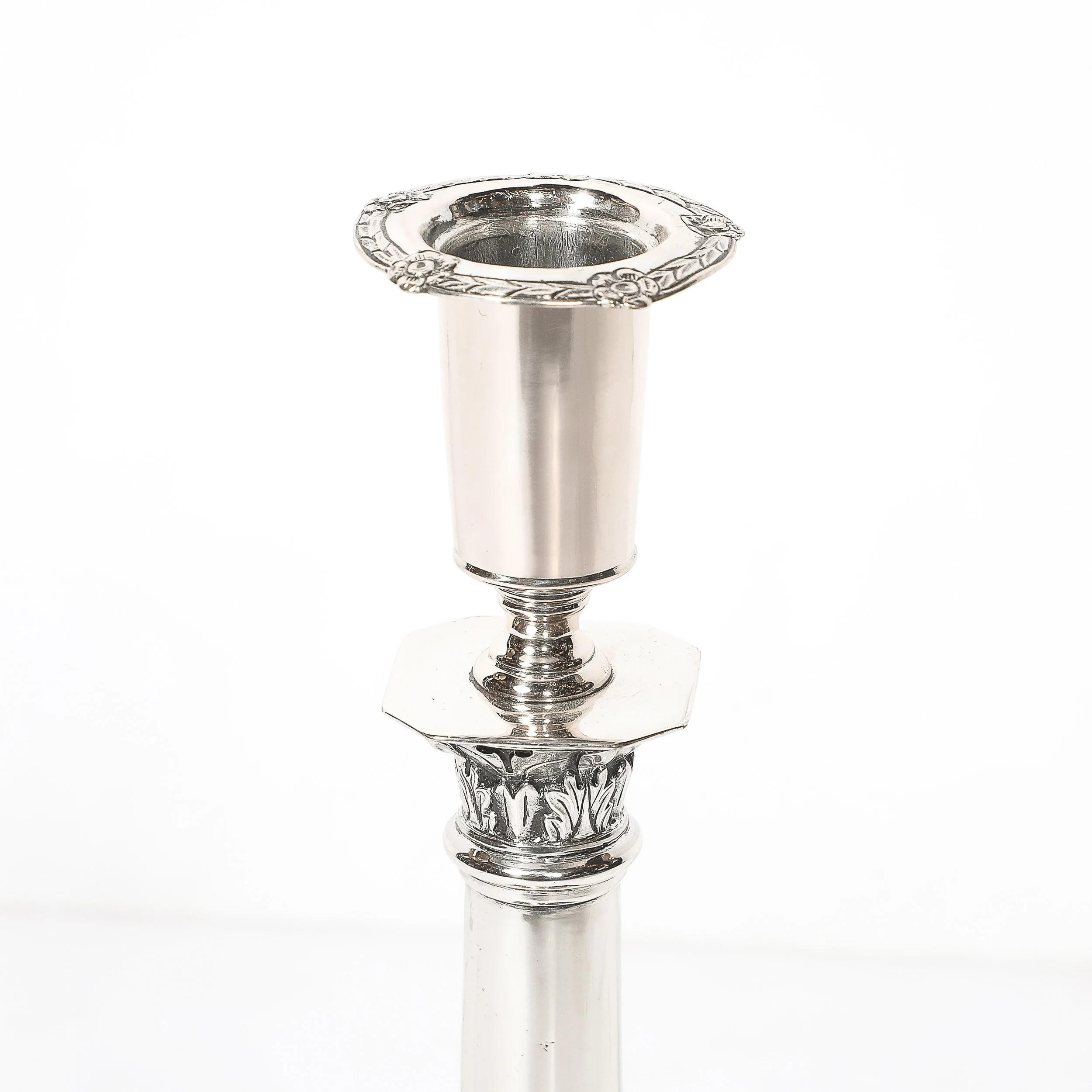 Pair of Silver Corinthian Column & Acanthus Sabbath Candlesticks by Ludwig Nast — image 4
