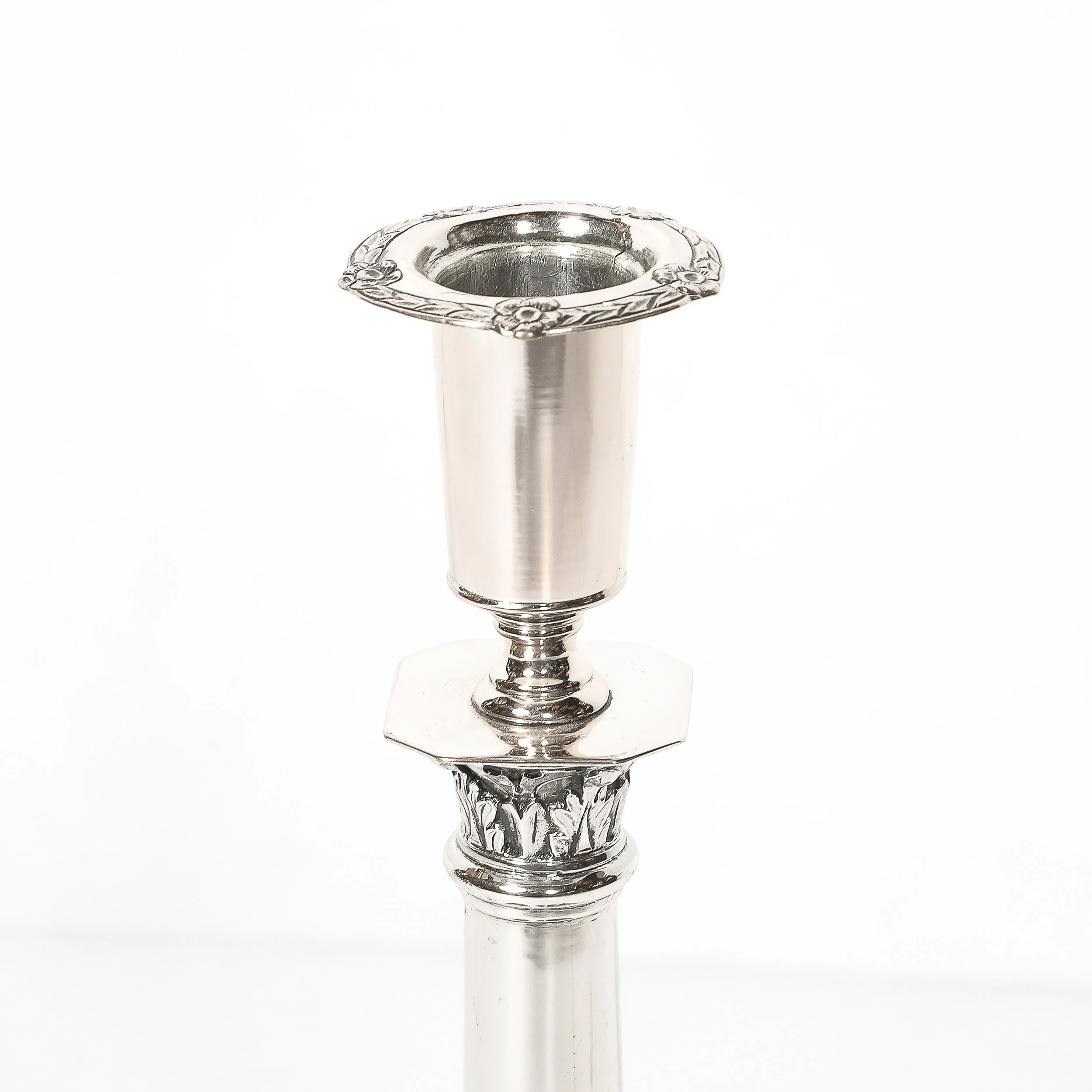 Pair of Silver Corinthian Column & Acanthus Sabbath Candlesticks by Ludwig Nast — image 6