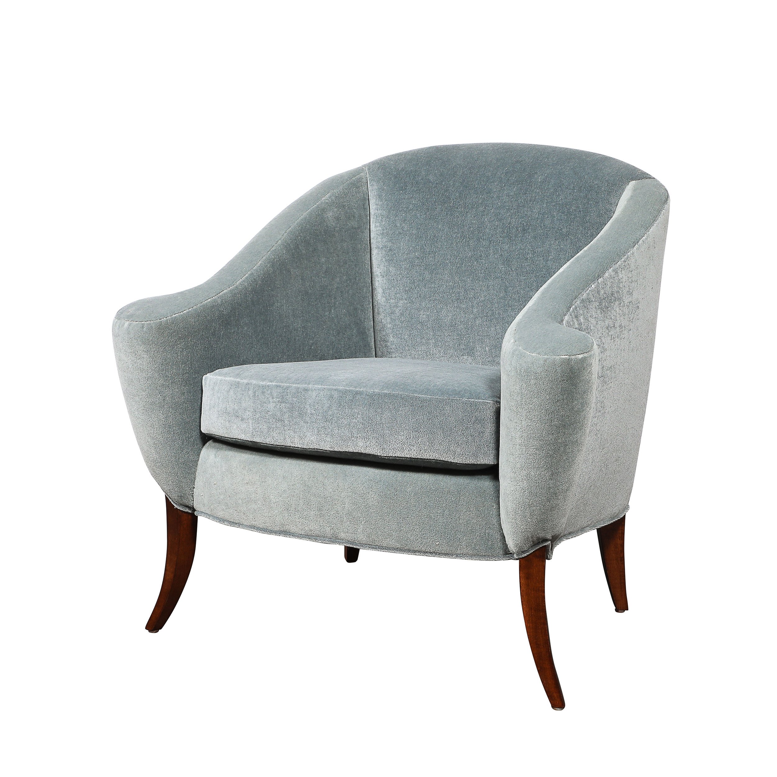 Art Deco Scroll Form Lounge Chair w/ Walnut Supports & Powder-Blue Velvet Mohair — image 1