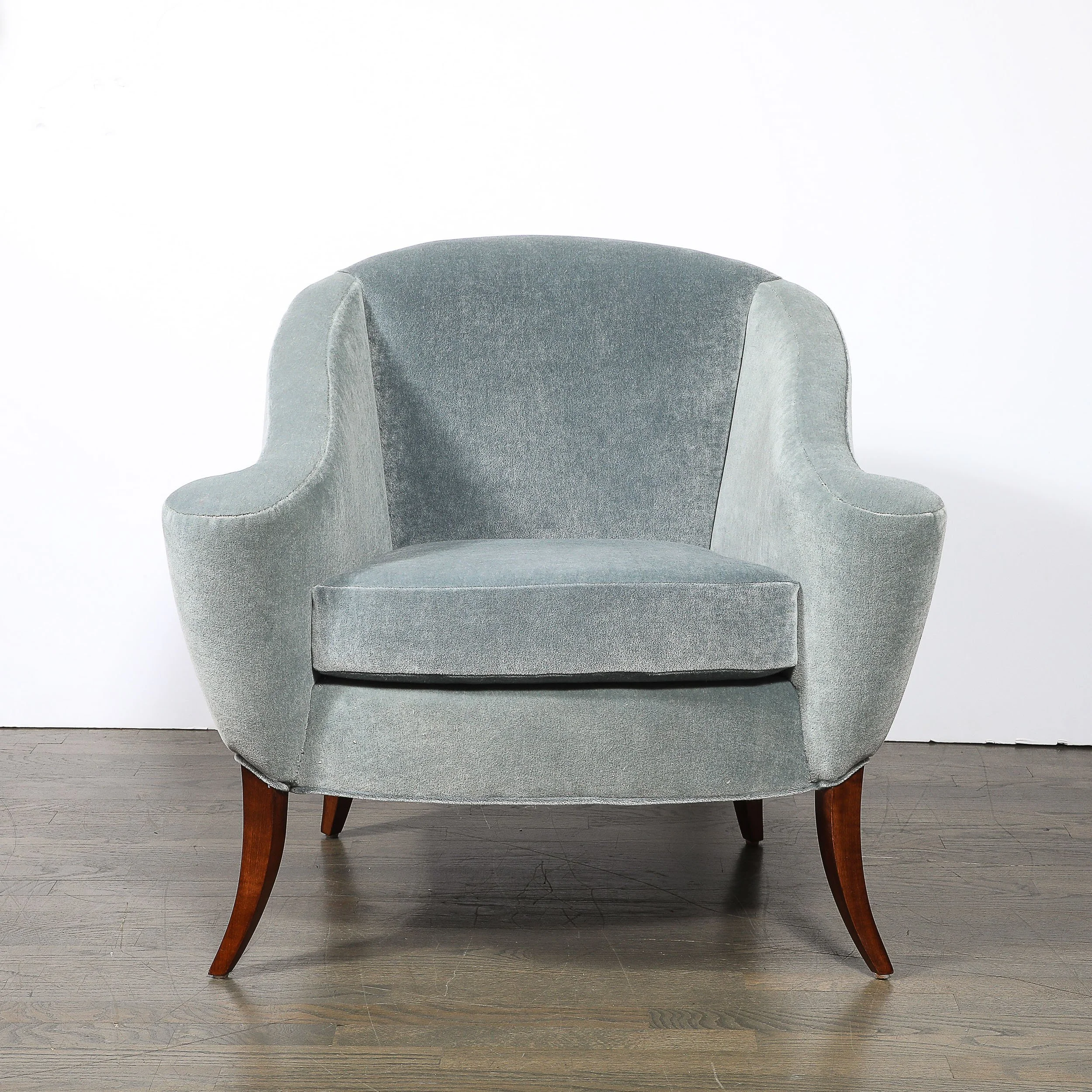 Art Deco Scroll Form Lounge Chair w/ Walnut Supports & Powder-Blue Velvet Mohair — image 2