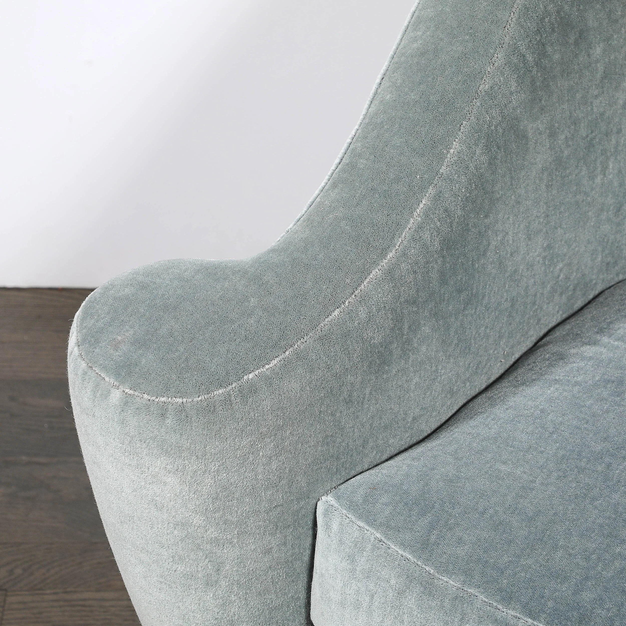 Art Deco Scroll Form Lounge Chair w/ Walnut Supports & Powder-Blue Velvet Mohair — image 4