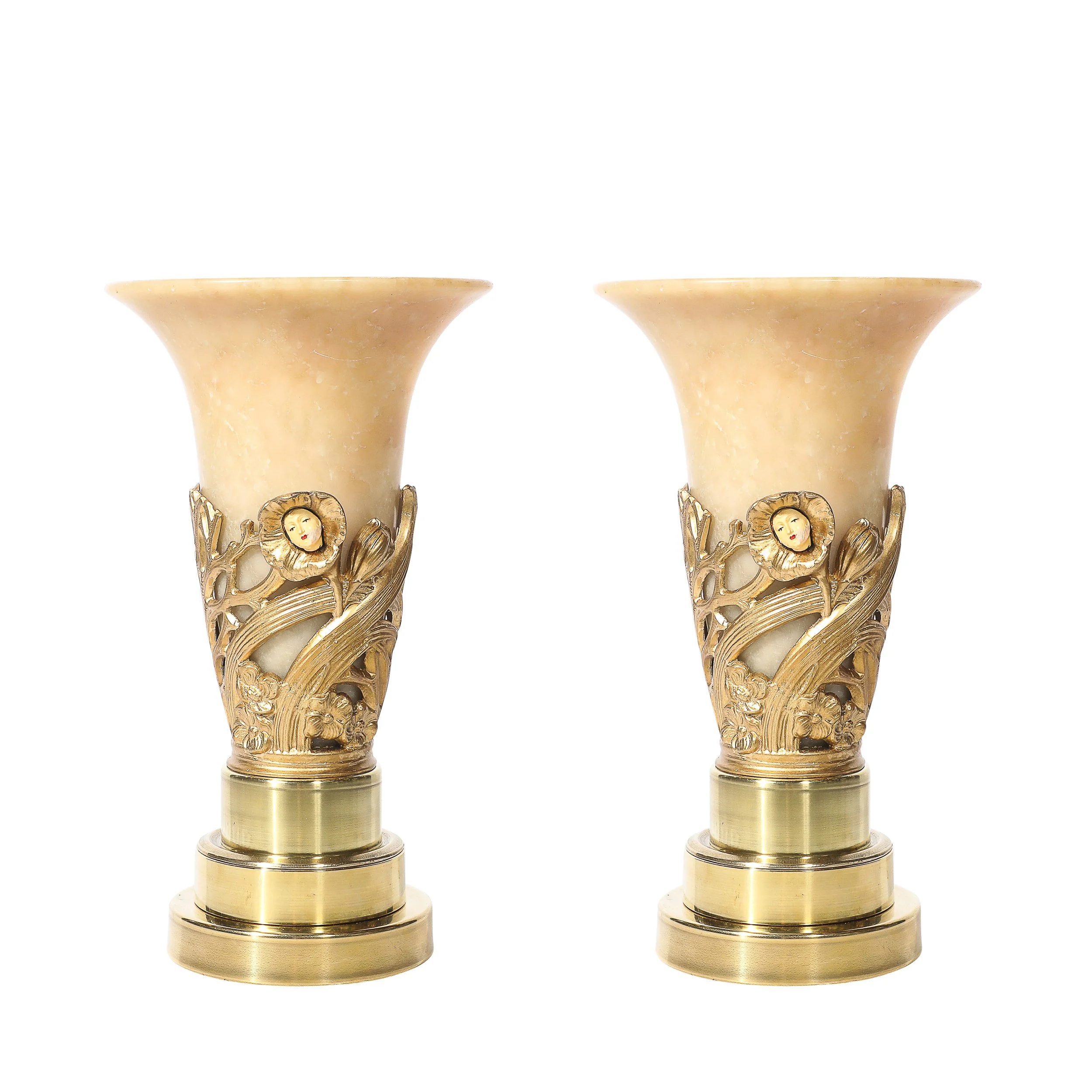 Pair of Art Deco Gilt Bronze & Alabaster Table Lamps on Polished Brass Bases — image 1