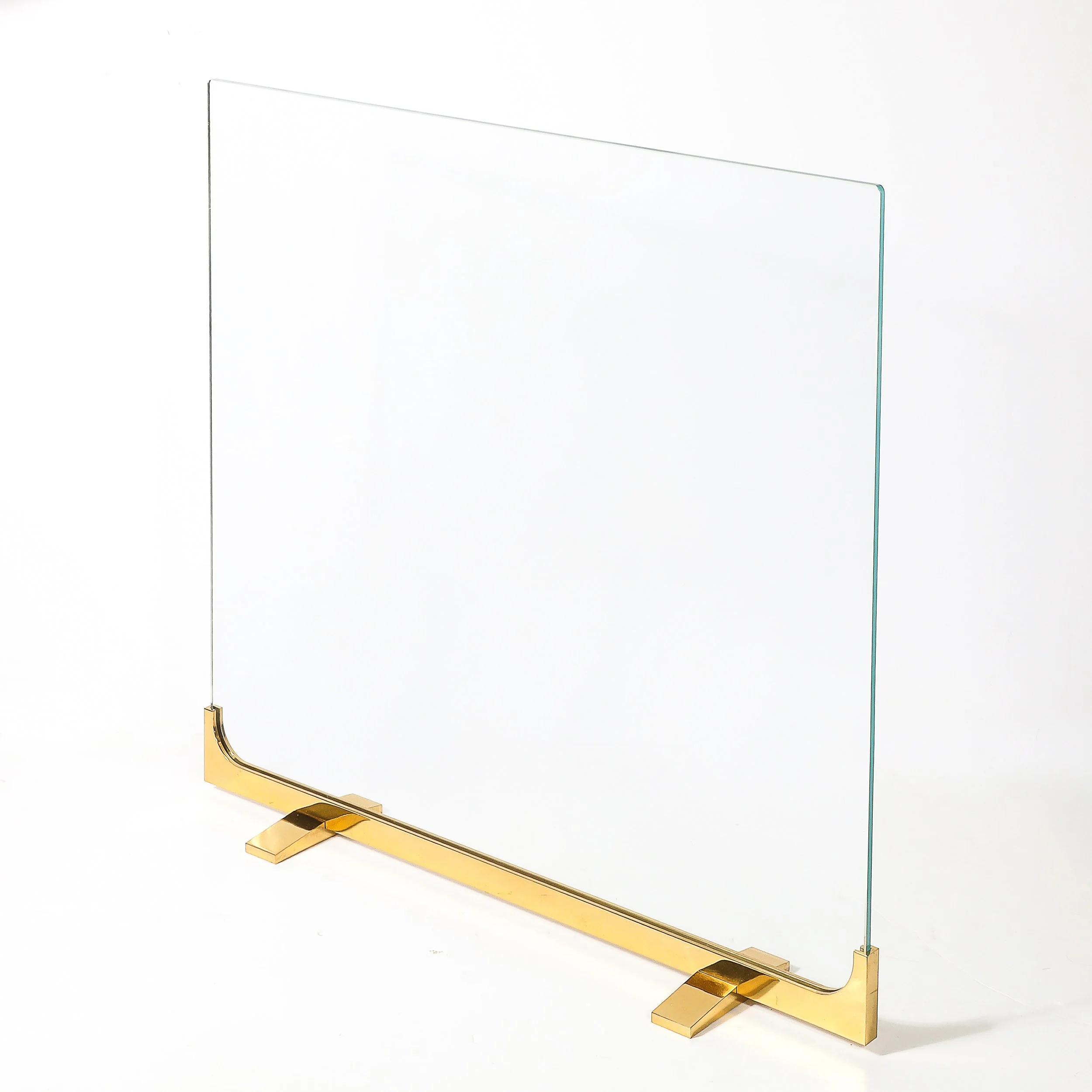 Mid-Century Sculptural Polished Brass & Glass Fireplace Screen — image 2
