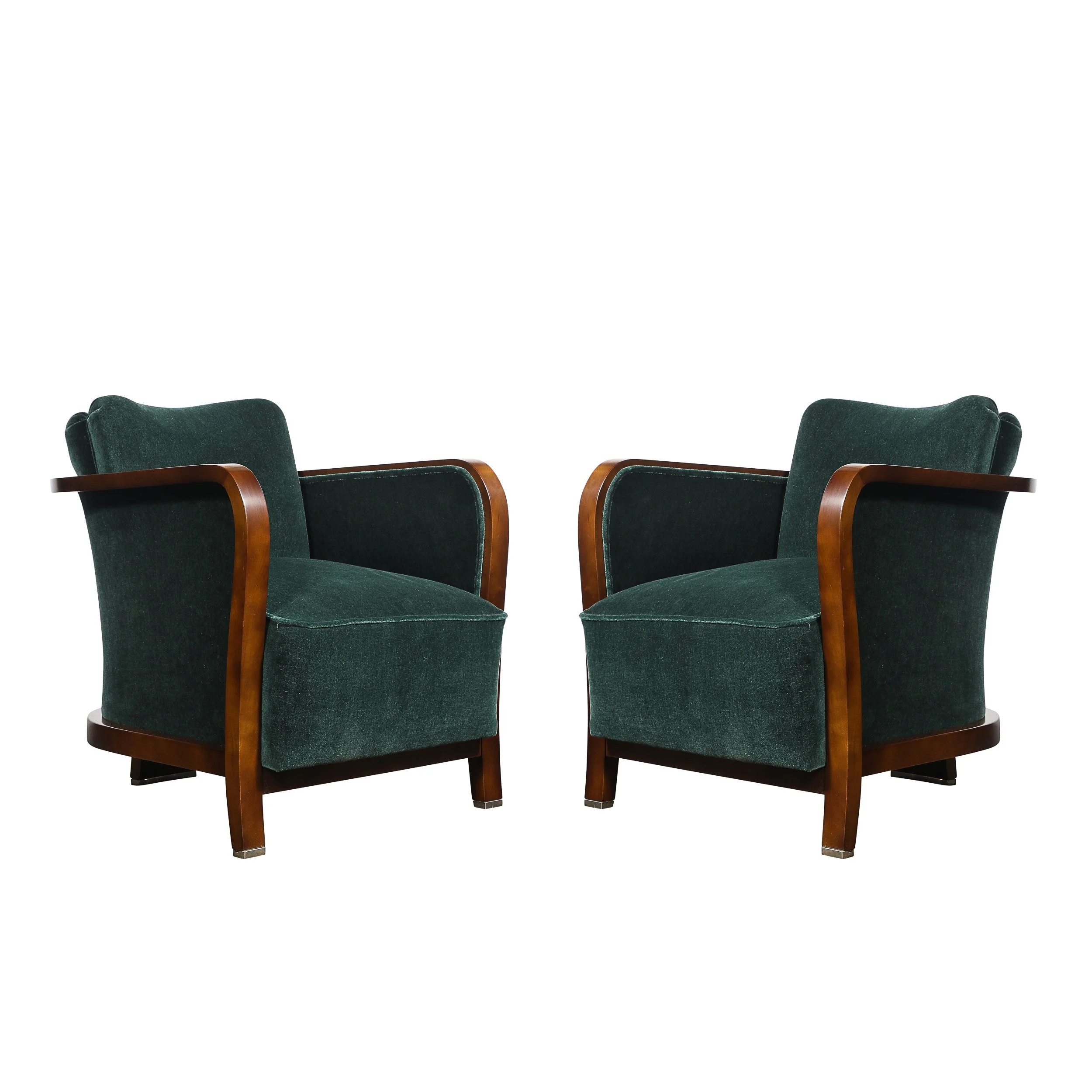 Pair of Art Deco Walnut Armchairs in Eucalyptus Mohair Velvet w/ Nickel Sabots — image 1