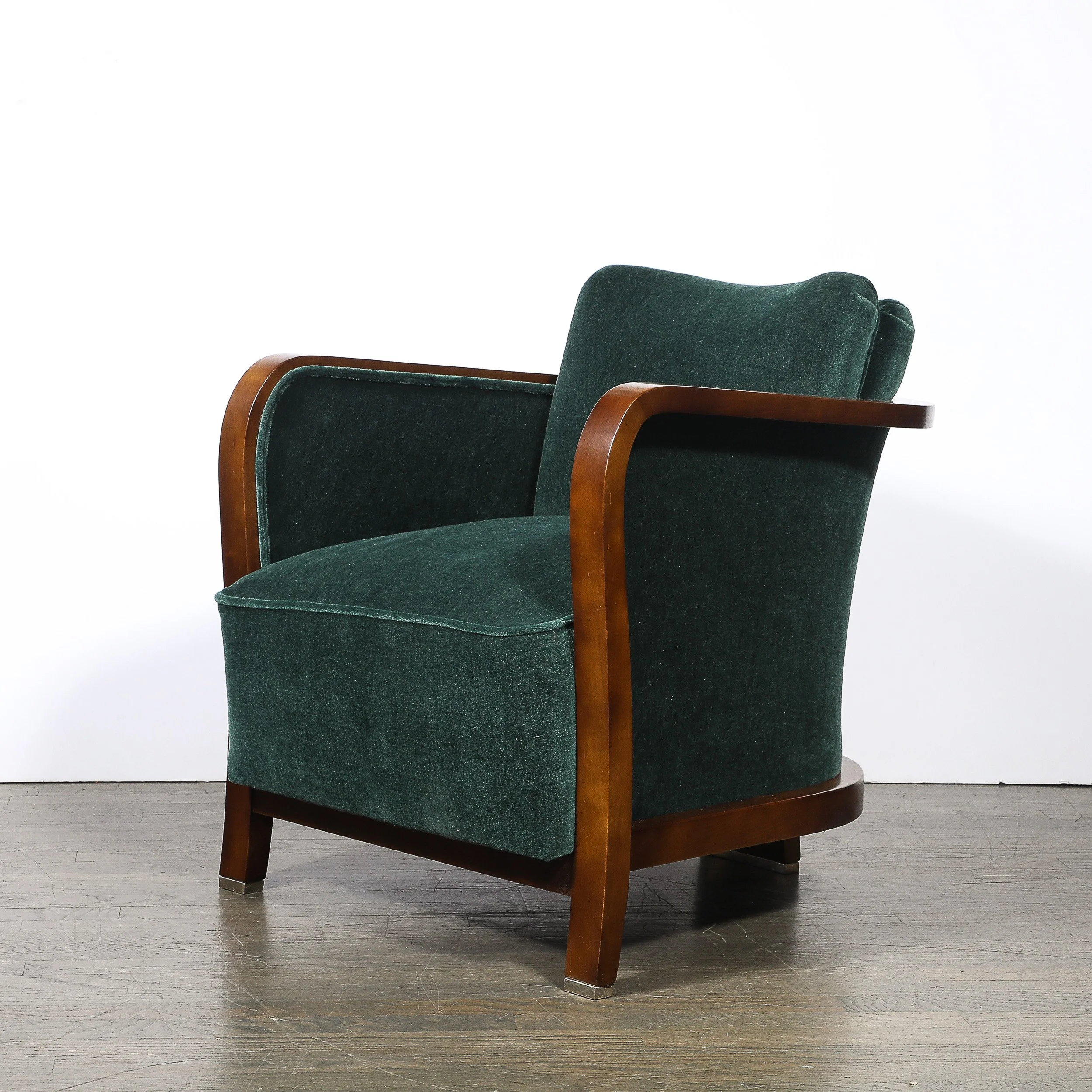 Pair of Art Deco Walnut Armchairs in Eucalyptus Mohair Velvet w/ Nickel Sabots — image 2