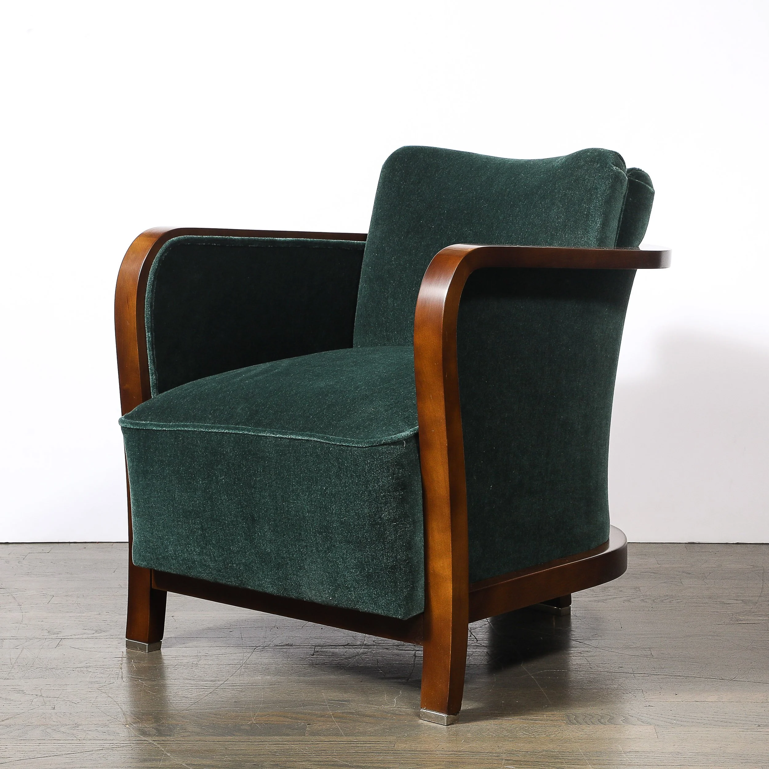 Pair of Art Deco Walnut Armchairs in Eucalyptus Mohair Velvet w/ Nickel Sabots — image 3