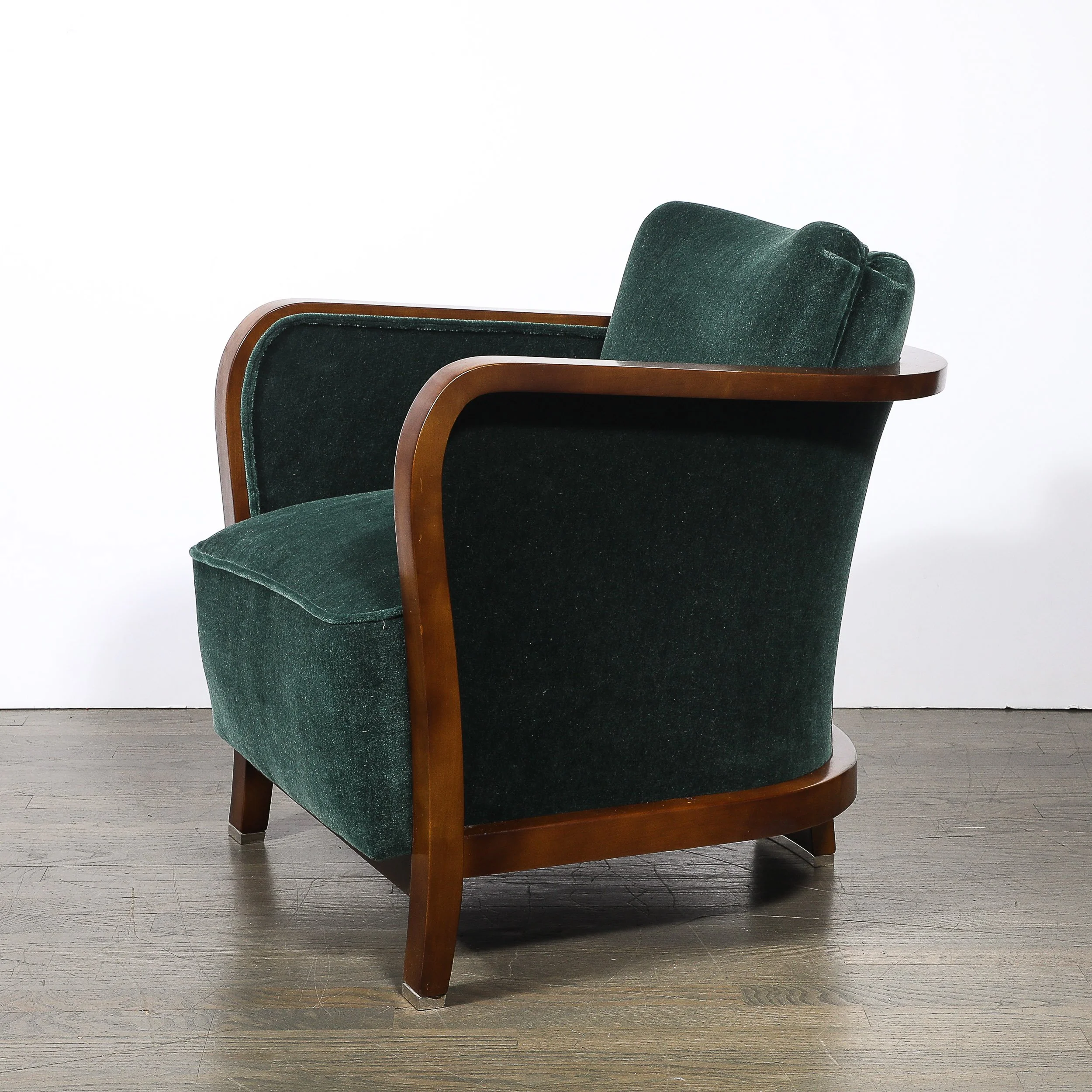 Pair of Art Deco Walnut Armchairs in Eucalyptus Mohair Velvet w/ Nickel Sabots — image 6