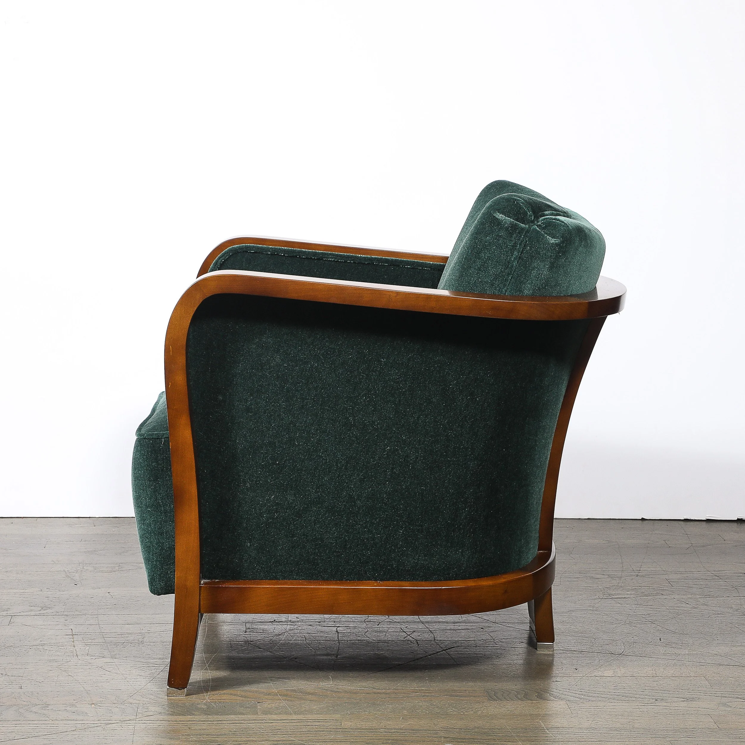 Pair of Art Deco Walnut Armchairs in Eucalyptus Mohair Velvet w/ Nickel Sabots — image 7