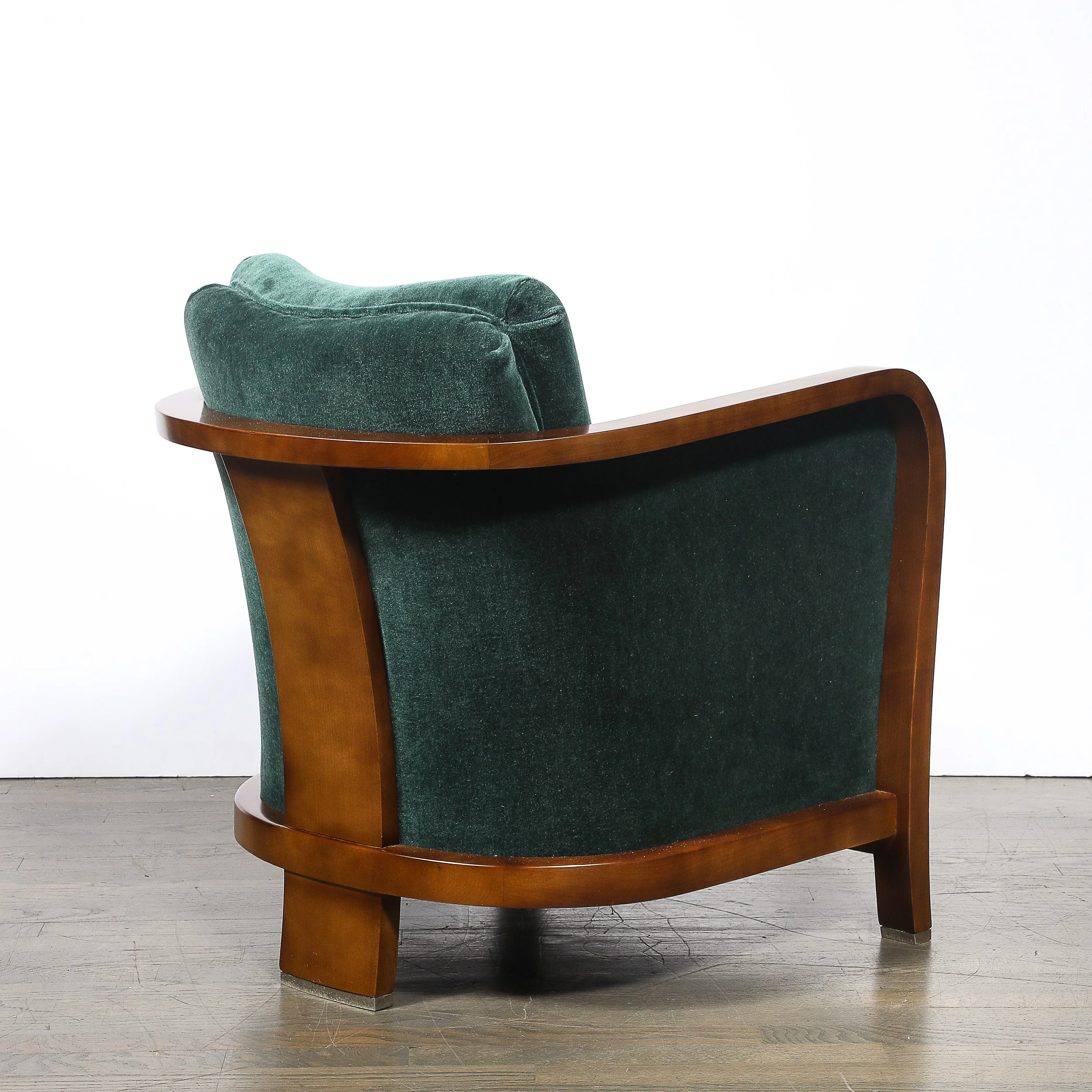 Pair of Art Deco Walnut Armchairs in Eucalyptus Mohair Velvet w/ Nickel Sabots — image 10