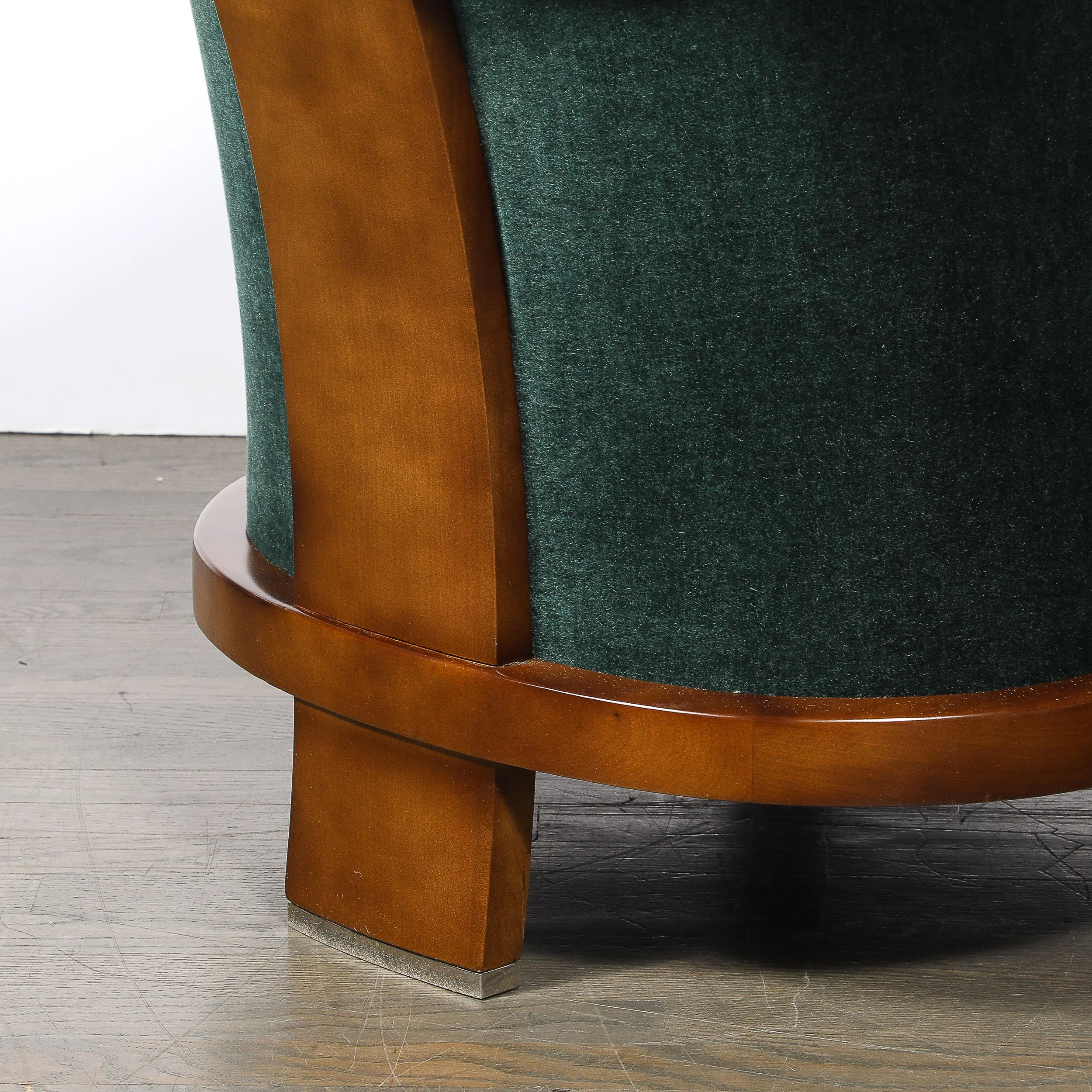 Pair of Art Deco Walnut Armchairs in Eucalyptus Mohair Velvet w/ Nickel Sabots — image 11