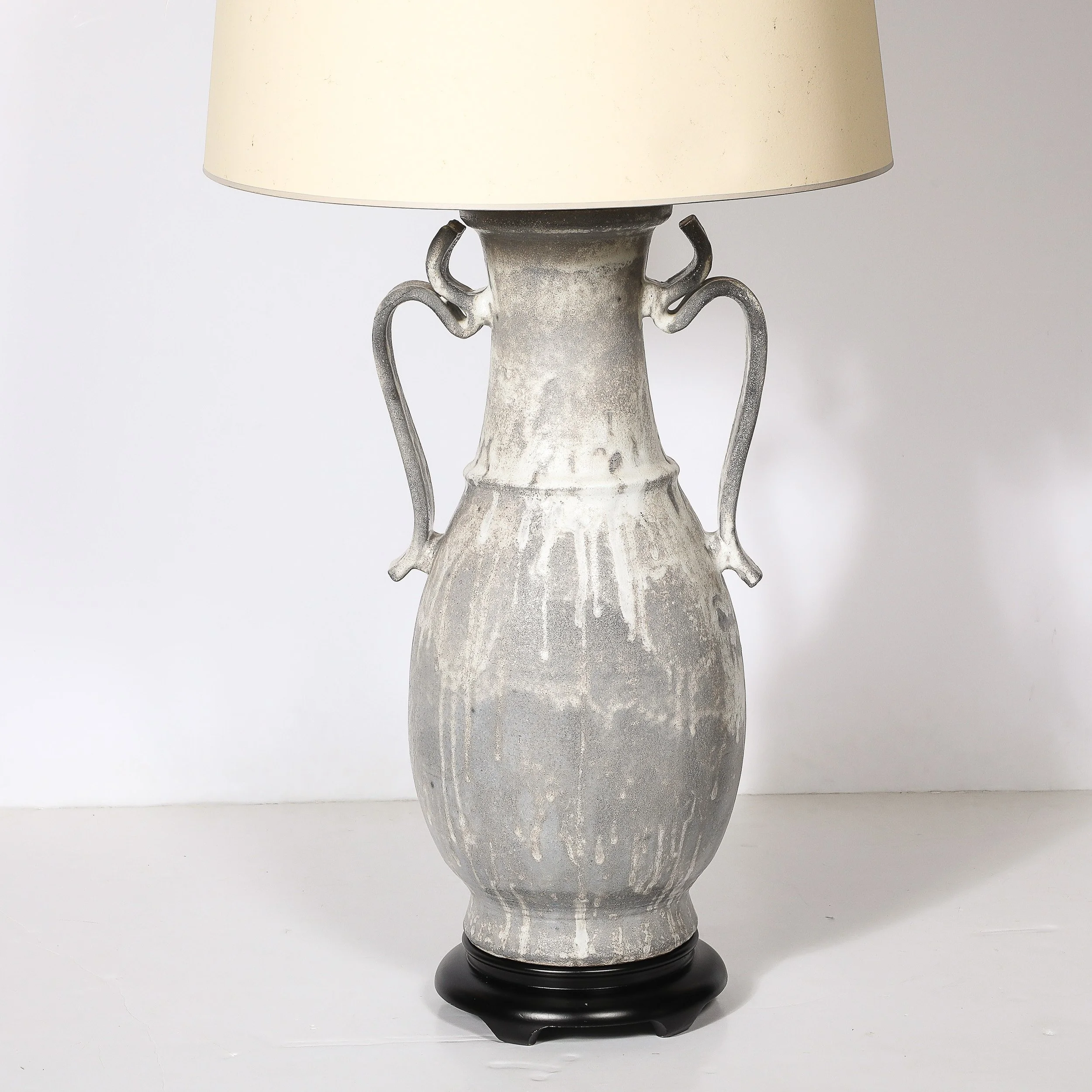 Mid-Century Amphora-Form Gray Glaze Ceramic & Bronze Table Lamp by James Mont — image 3