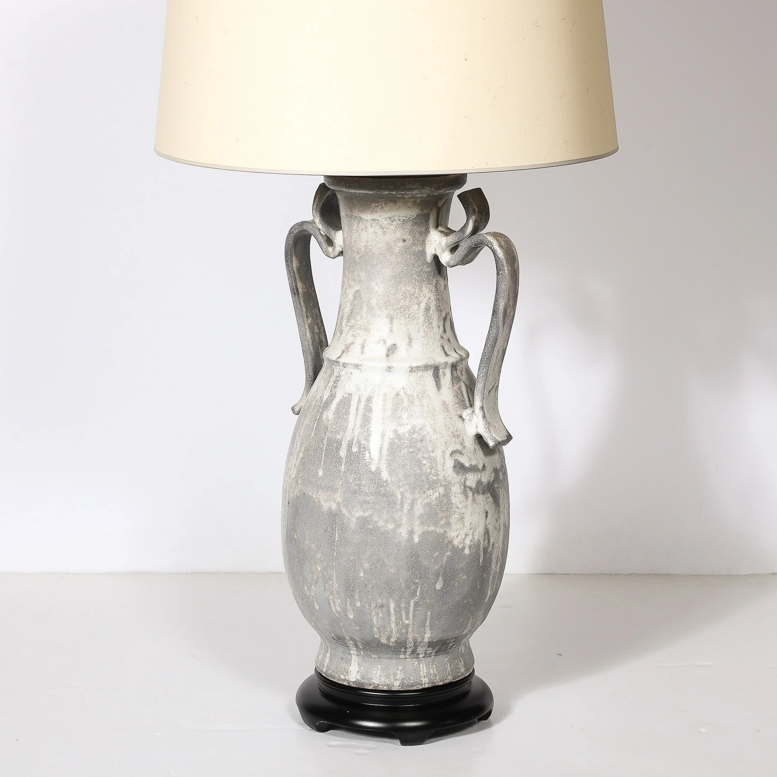 Mid-Century Amphora-Form Gray Glaze Ceramic & Bronze Table Lamp by James Mont — image 4