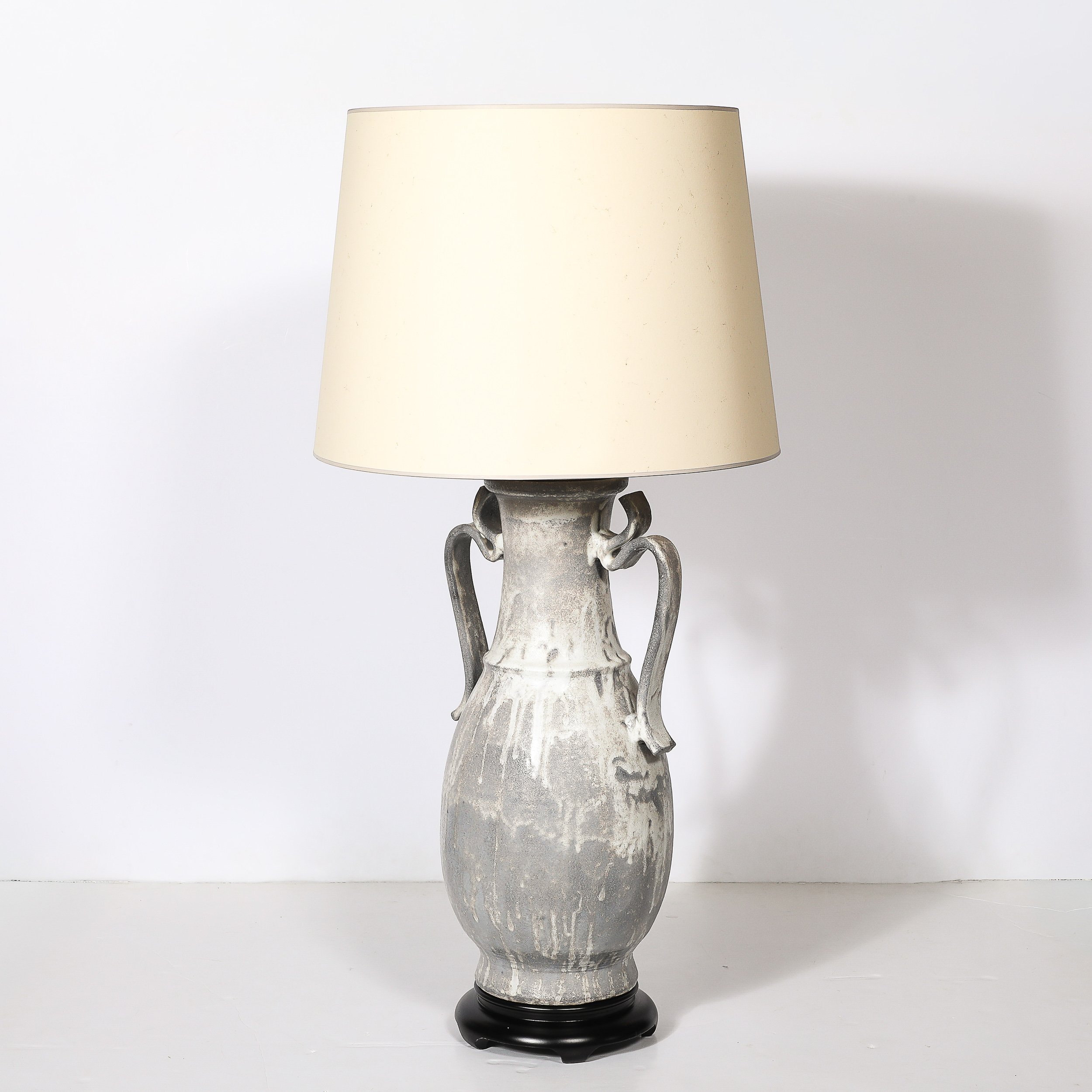 Mid-Century Amphora-Form Gray Glaze Ceramic & Bronze Table Lamp by James Mont — image 5