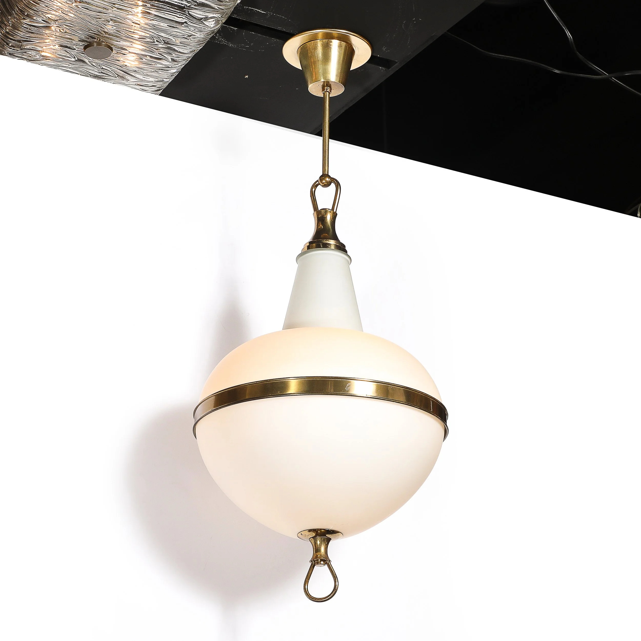 Mid-Century Murano Glass & Brass Banded Detailed Pendant Chandelier — image 3