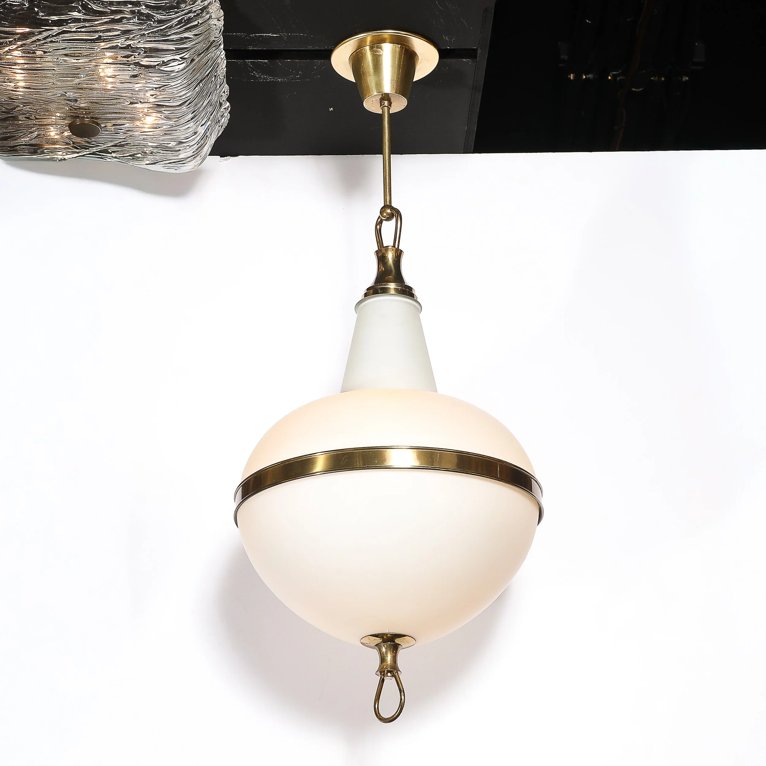 Mid-Century Murano Glass & Brass Banded Detailed Pendant Chandelier — image 8