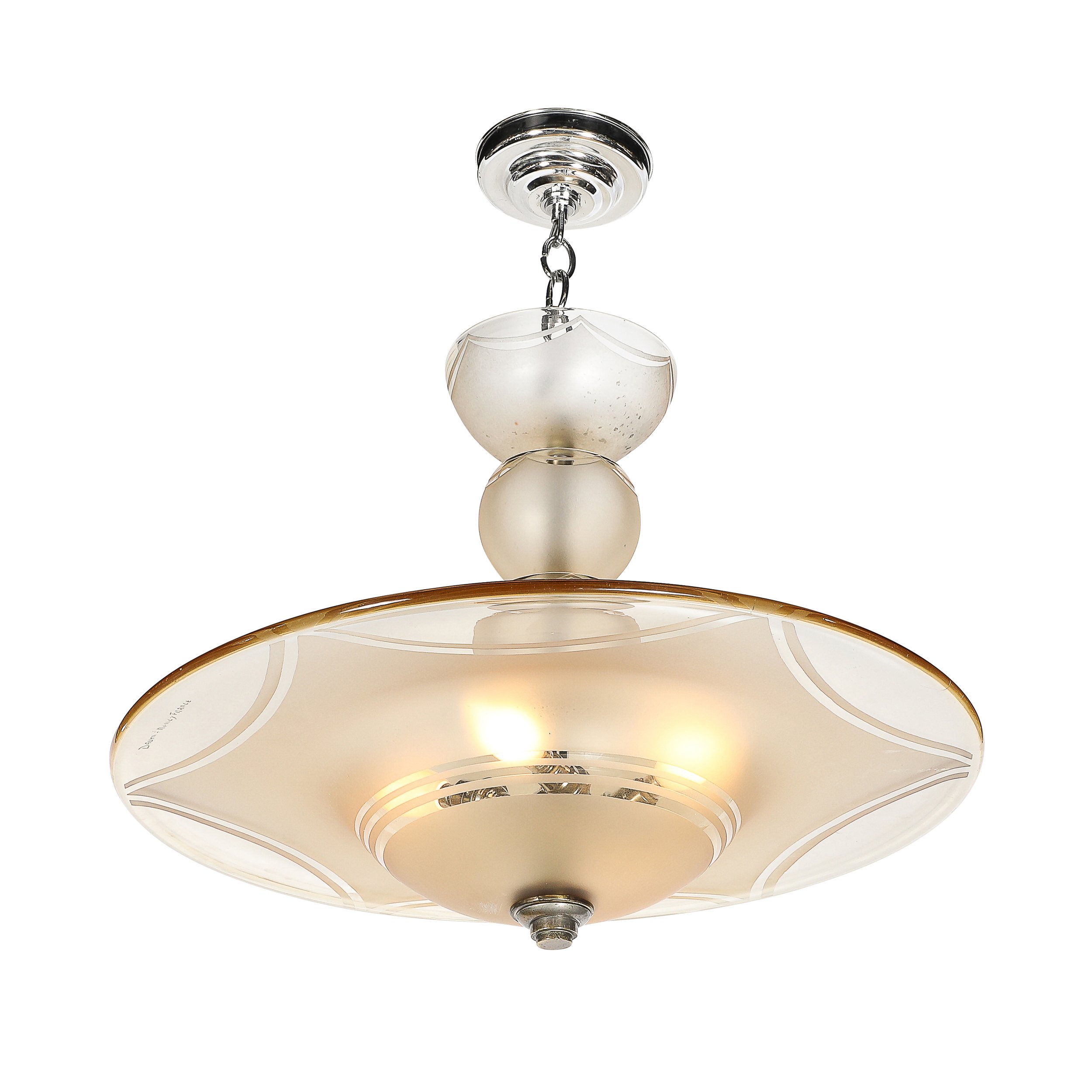 Art Deco Signed Daum Frosted Rose-Hue Saucer-Form Pendant Chandelier — image 1