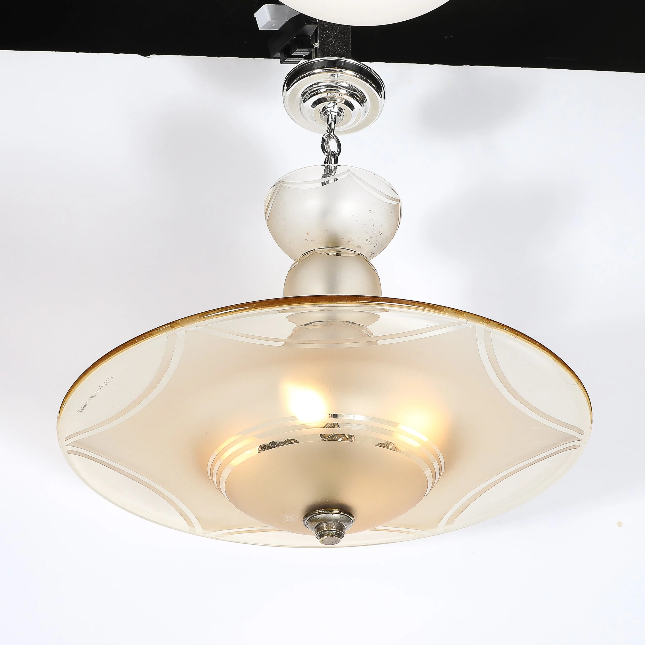 Art Deco Signed Daum Frosted Rose-Hue Saucer-Form Pendant Chandelier — image 2