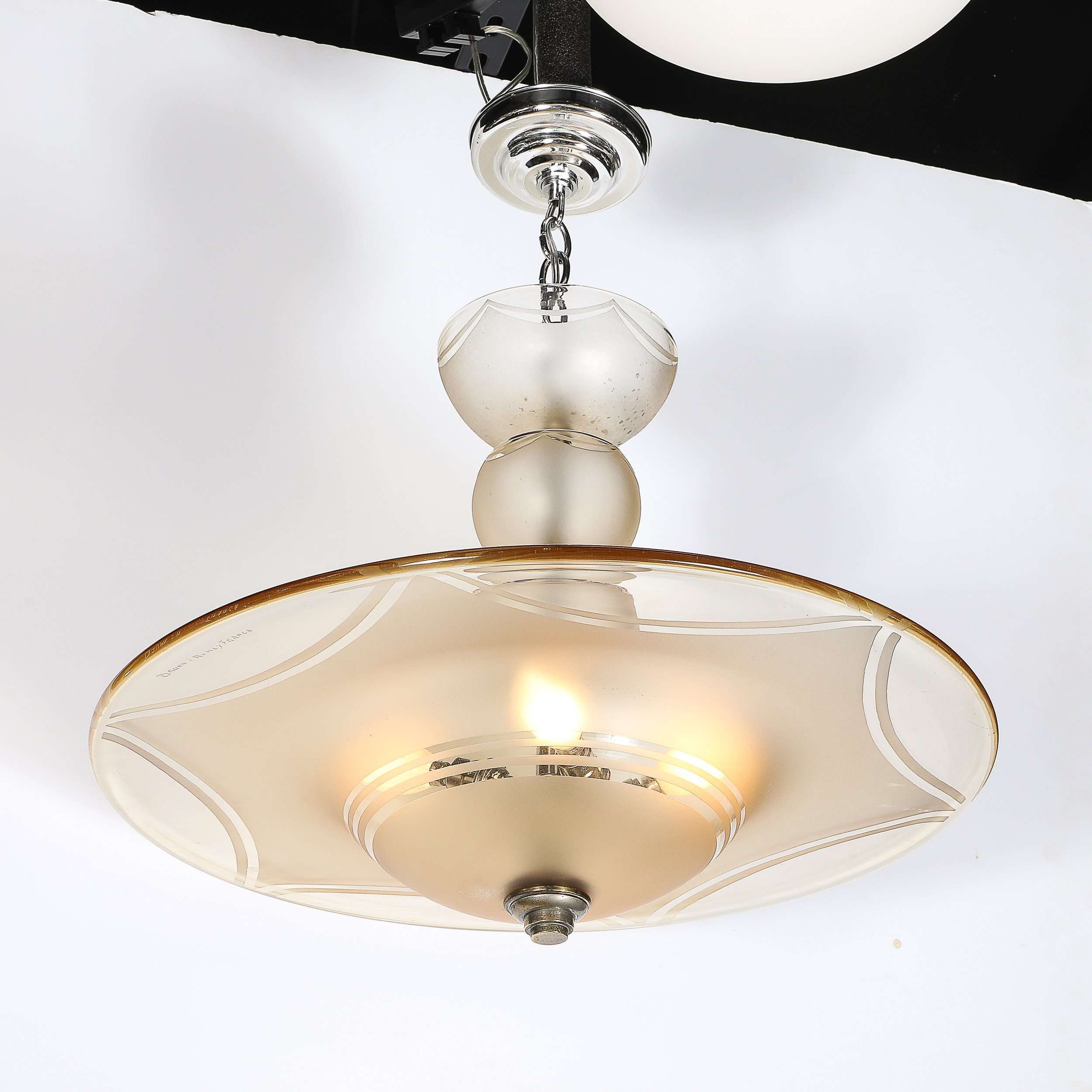 Art Deco Signed Daum Frosted Rose-Hue Saucer-Form Pendant Chandelier — image 3