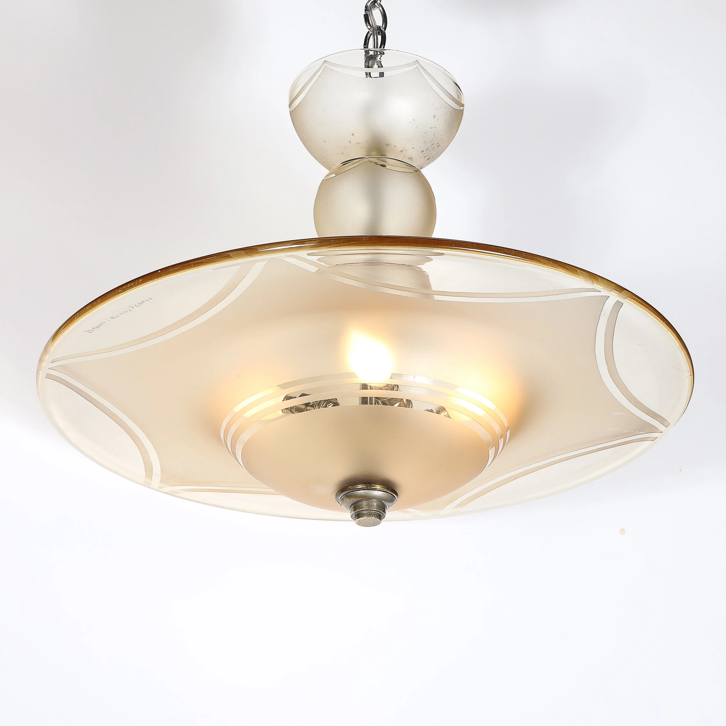 Art Deco Signed Daum Frosted Rose-Hue Saucer-Form Pendant Chandelier — image 4
