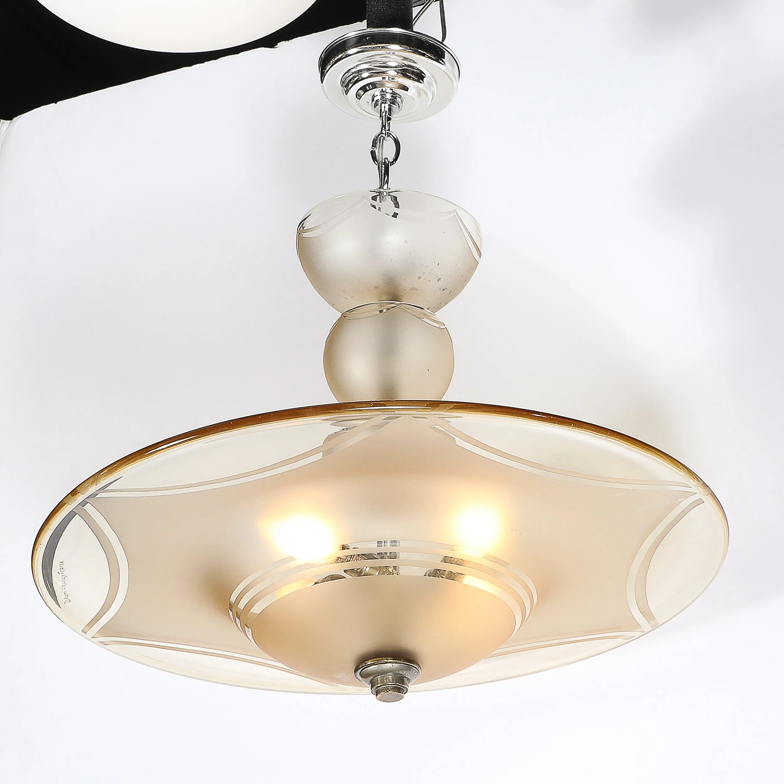 Art Deco Signed Daum Frosted Rose-Hue Saucer-Form Pendant Chandelier — image 5