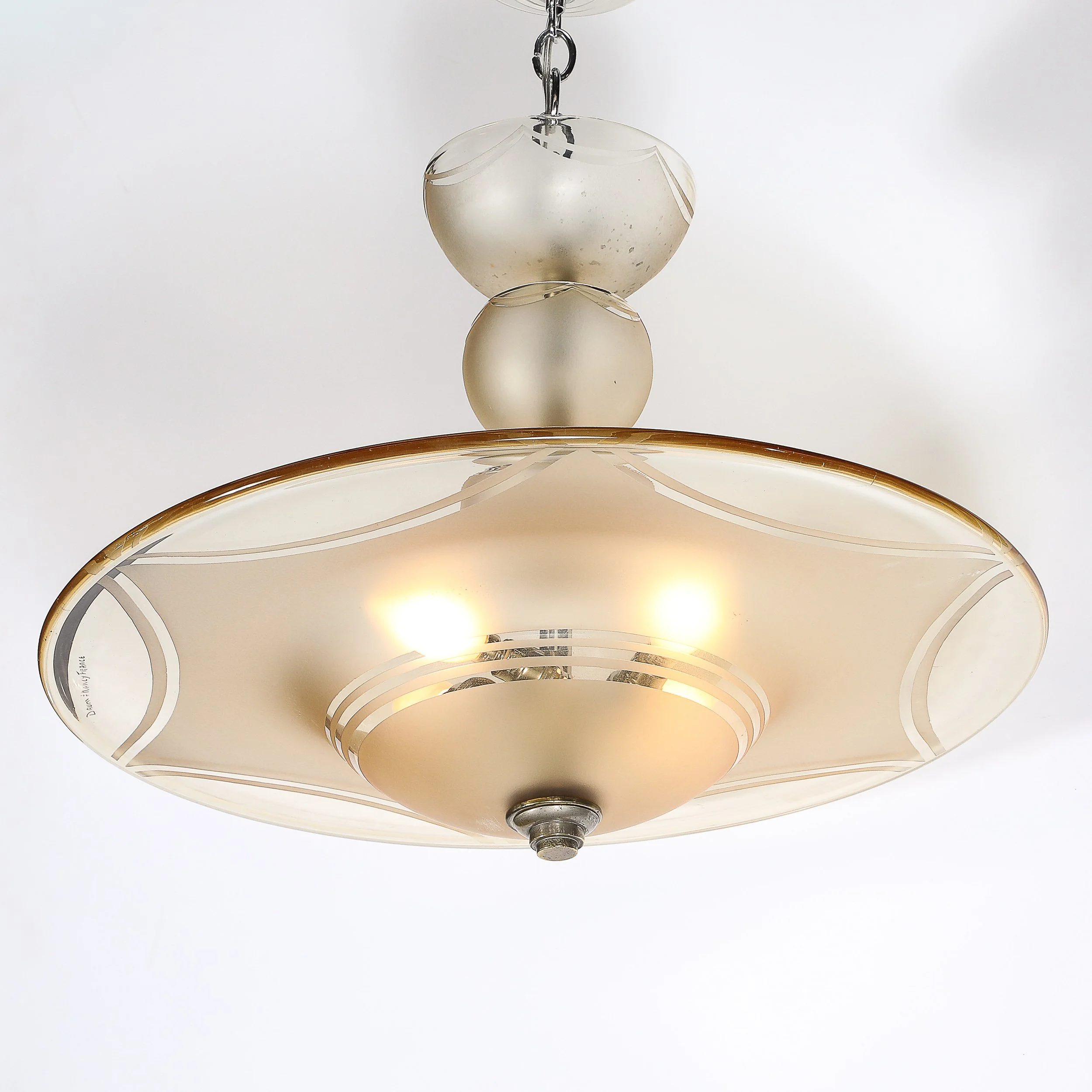 Art Deco Signed Daum Frosted Rose-Hue Saucer-Form Pendant Chandelier — image 6