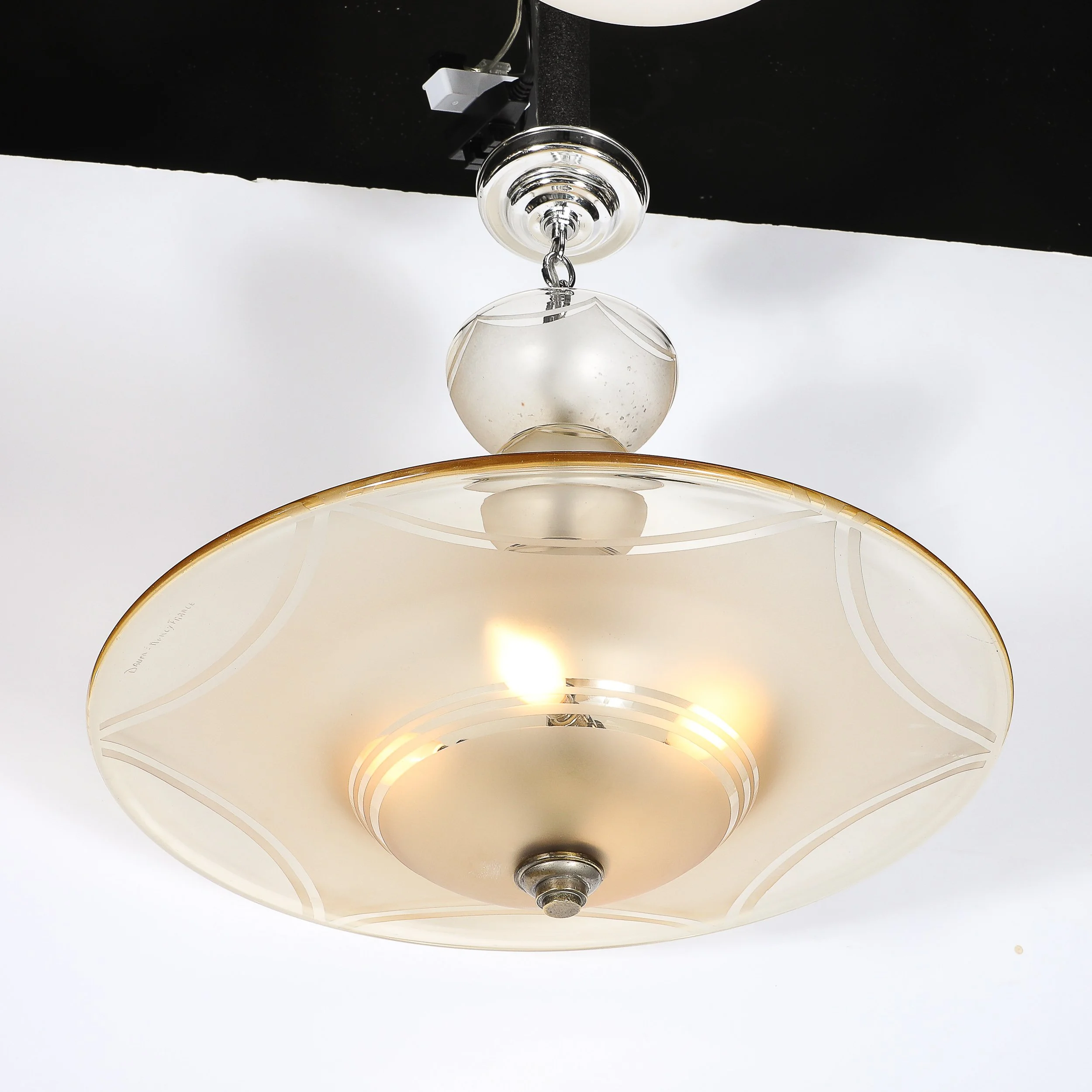 Art Deco Signed Daum Frosted Rose-Hue Saucer-Form Pendant Chandelier — image 7