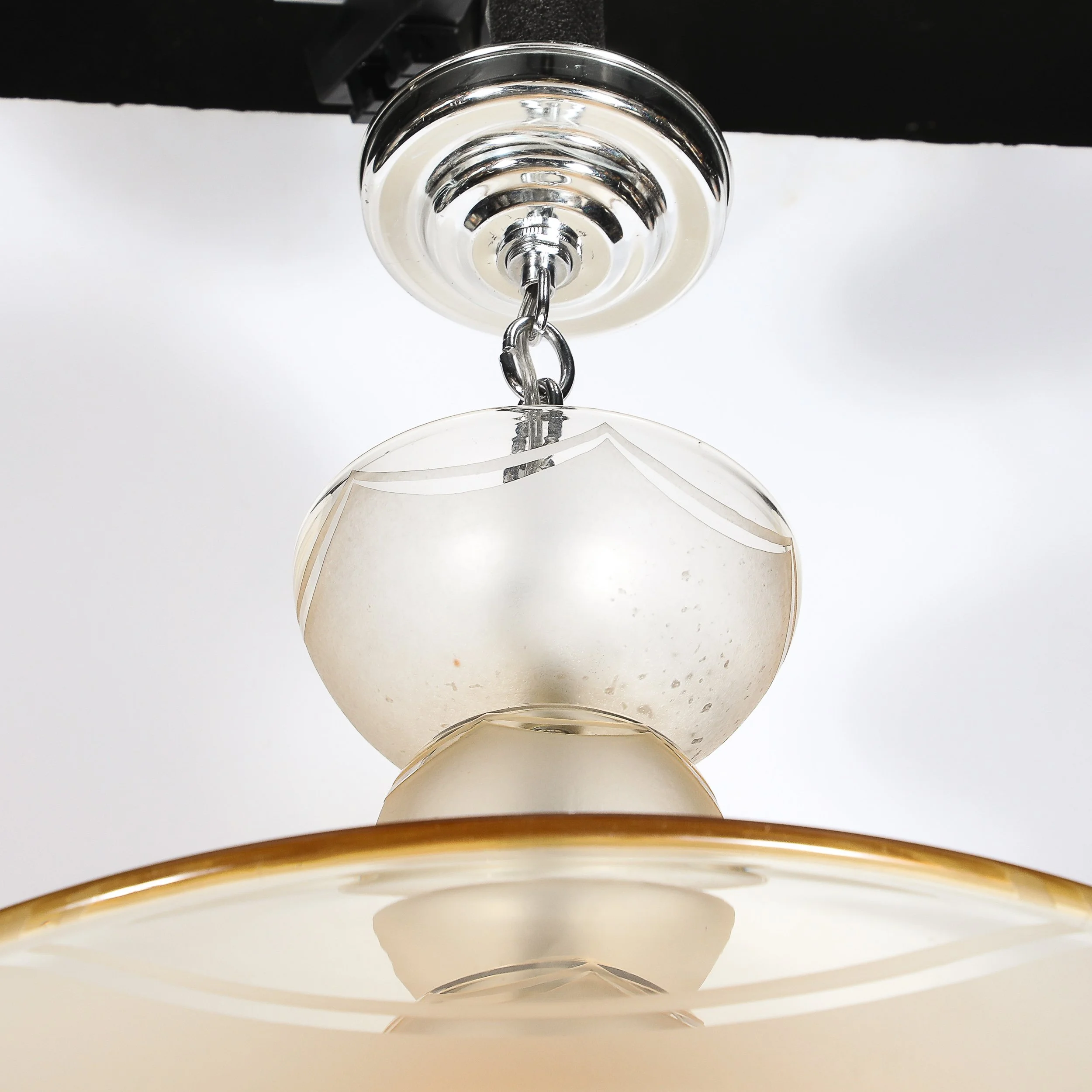 Art Deco Signed Daum Frosted Rose-Hue Saucer-Form Pendant Chandelier — image 8