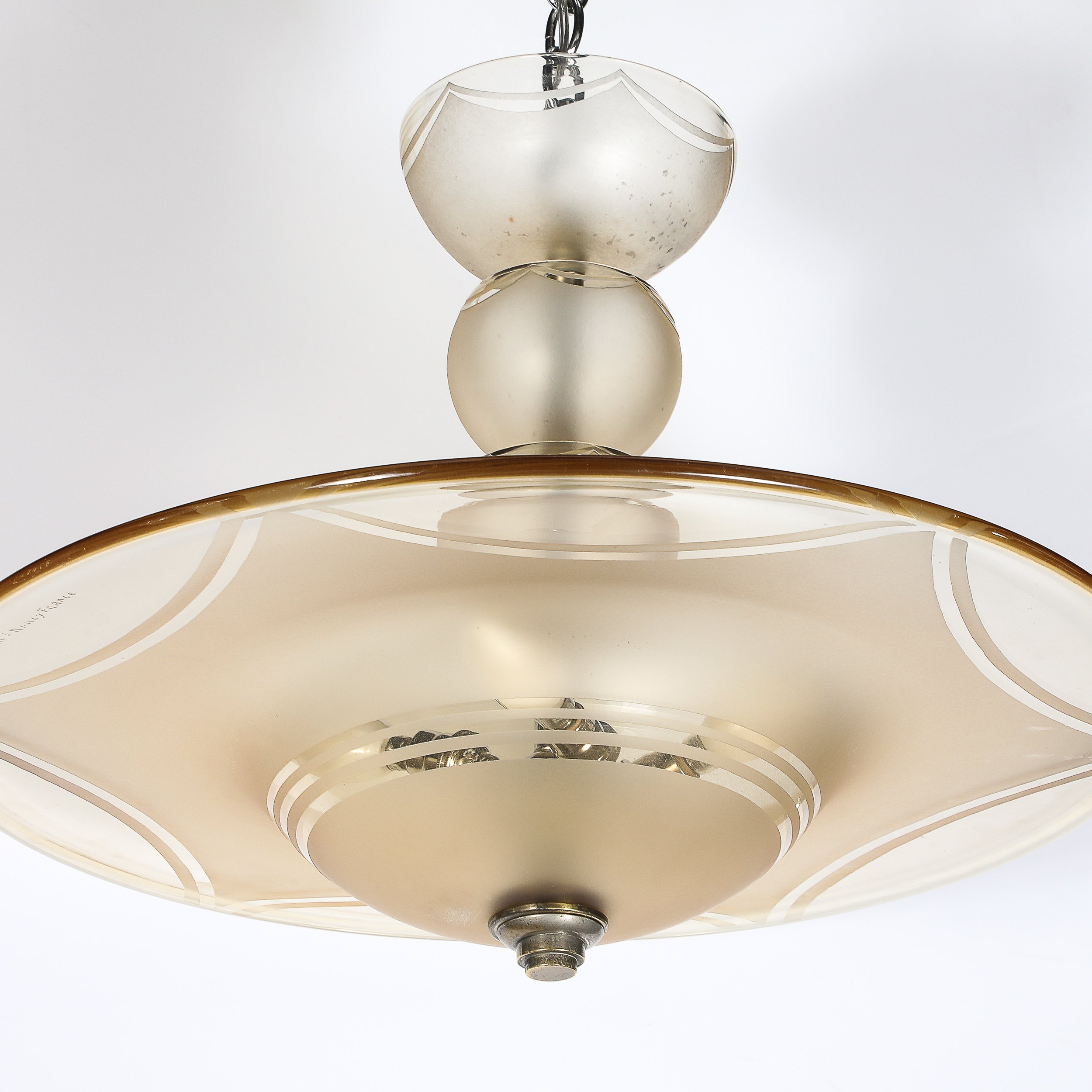 Art Deco Signed Daum Frosted Rose-Hue Saucer-Form Pendant Chandelier — image 11