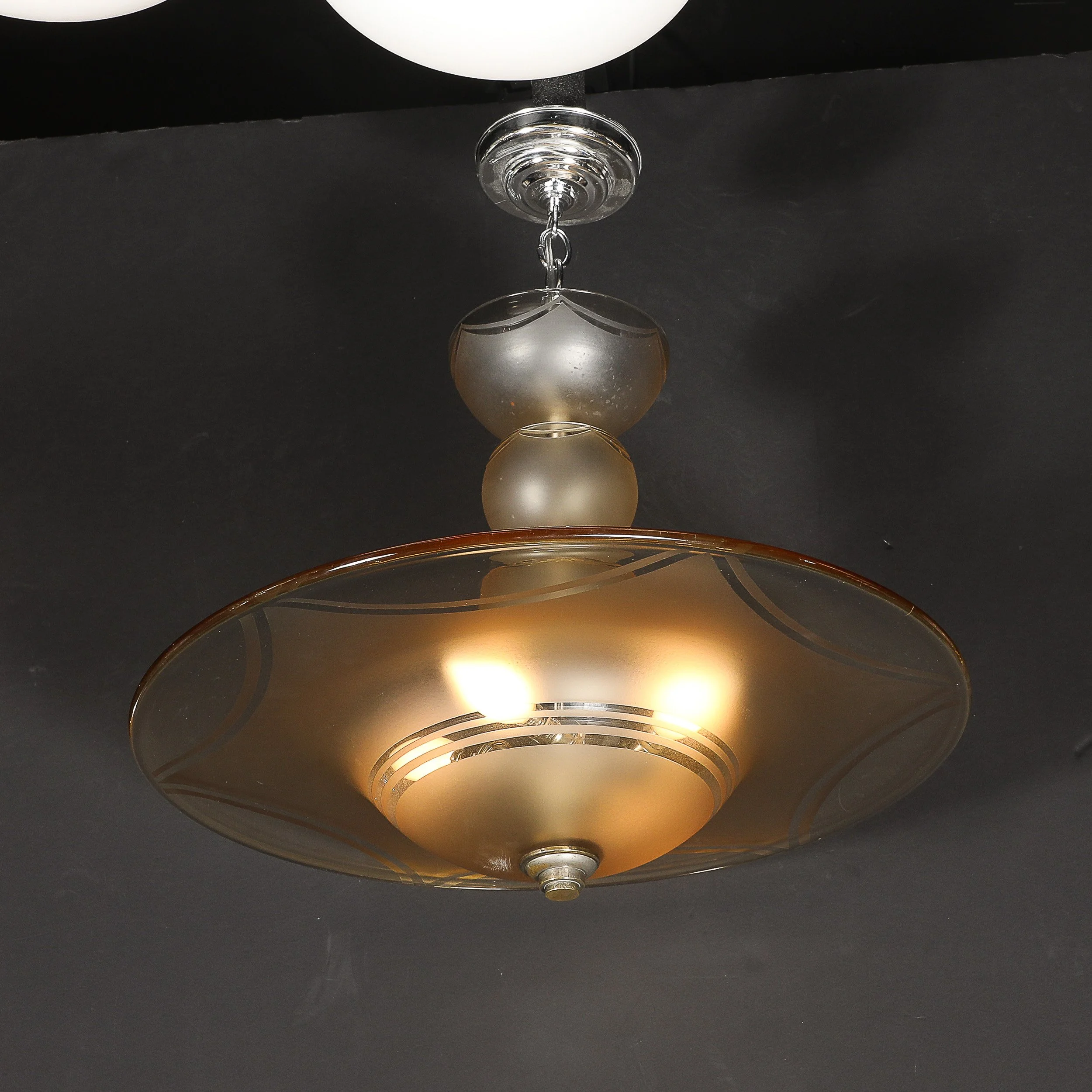 Art Deco Signed Daum Frosted Rose-Hue Saucer-Form Pendant Chandelier — image 15