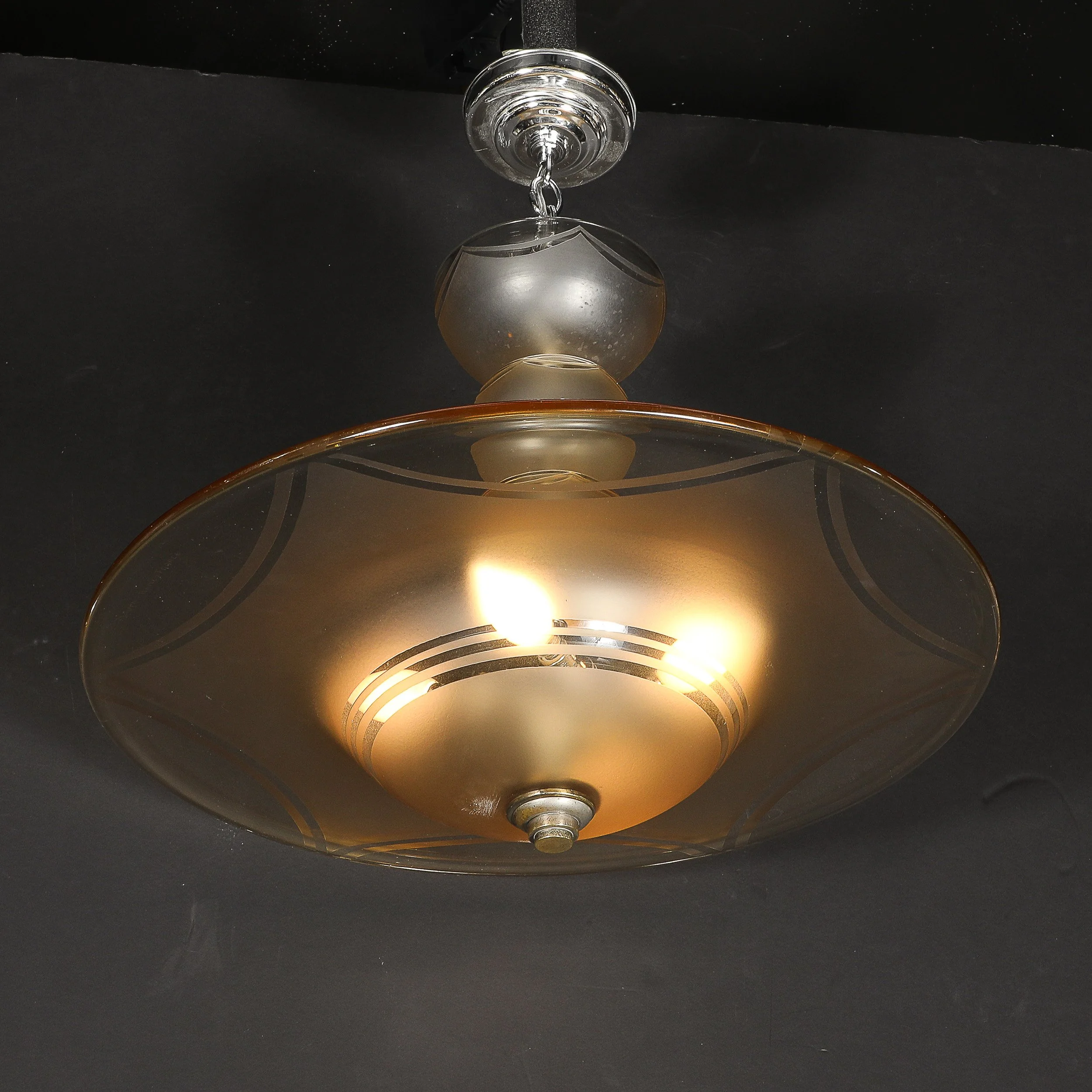 Art Deco Signed Daum Frosted Rose-Hue Saucer-Form Pendant Chandelier — image 16